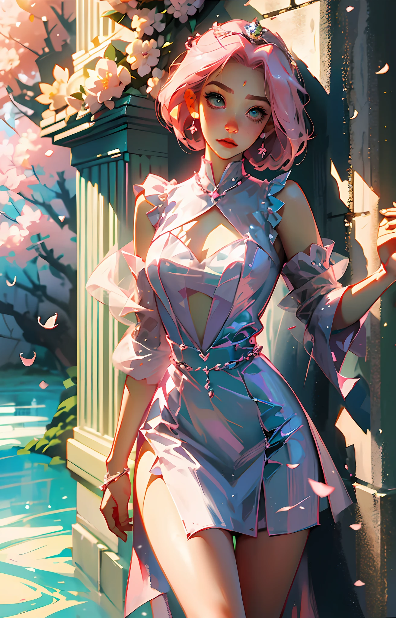 Sakura haruno, ((solo)), alone, princess, wearing a green princess dress, queen, happy, ((forehead to show)), standing, entering the church, pink hair, short hair, delicate, young, short hair, detailed face, high definition, ((full body)), (flowers around her), full body, she is a beautiful woman, face with high quality, beautiful, radiant, pastel tones, high definition,  pastel tones, delicacy, sakura haruno, sakura, pastel tones, beautiful face, sharp strokes, anime, sakura haruno, anime, HD,