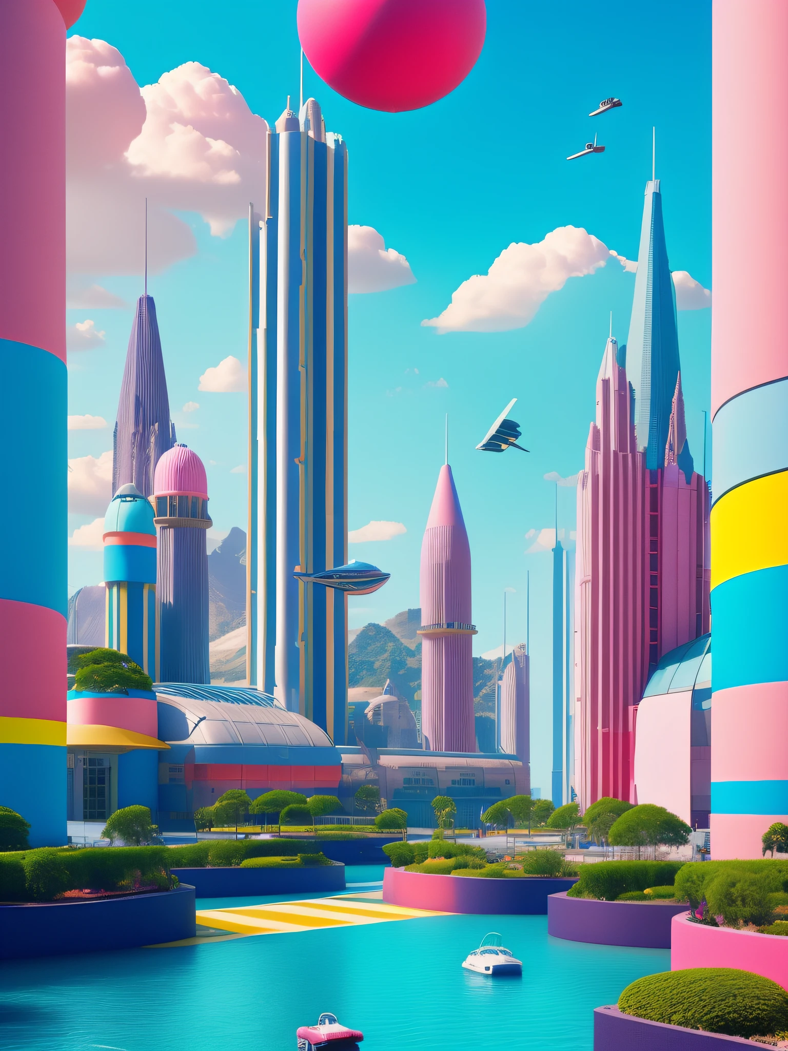 A whimsical and outlandish image of a future world, captured in Wes Anderson's signature style with high saturation colors. The world is populated by fantastical and unusual architecture, with towering spires and bulbous domes painted in bright pinks, greens, and blues. The buildings are designed in a symmetrical layout that creates a sense of order and balance in the bustling metropolis.
The sky is filled with airships and flying cars, moving in a sublime, labyrinthine pattern that defies the imagination. AI-driven robots in sleek white hover around, delivering parcels, while giant, luminescent sea creatures made of plastic float slowly through the sky, mimicking an underwater landscape.
The colors in this utopia are rich and bold, with soft pink and blue contrasting against vivid greens and yellows. The building and the air corridors are painted in vivid and bold hues with lollipop stripes, adding an element of drama and whimsy to the image.
Overall, the image