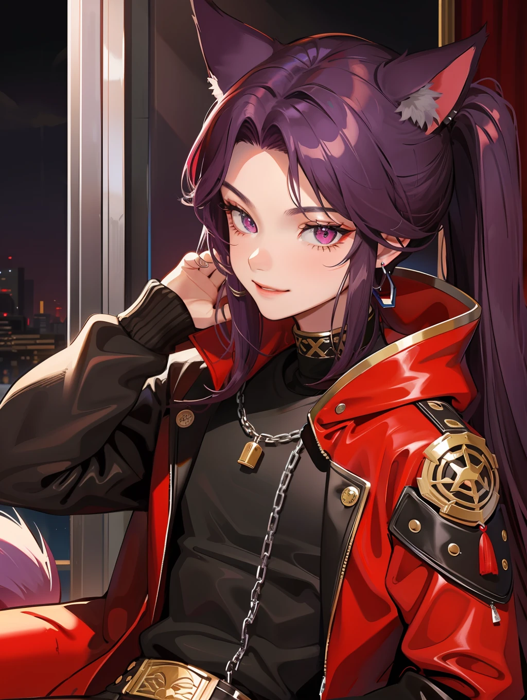 Young guy, crimson eyes, long dark purple hair, partially loose, in black tight-fitting clothes with lots of silver jewelry, fox ears and tail, sly smile