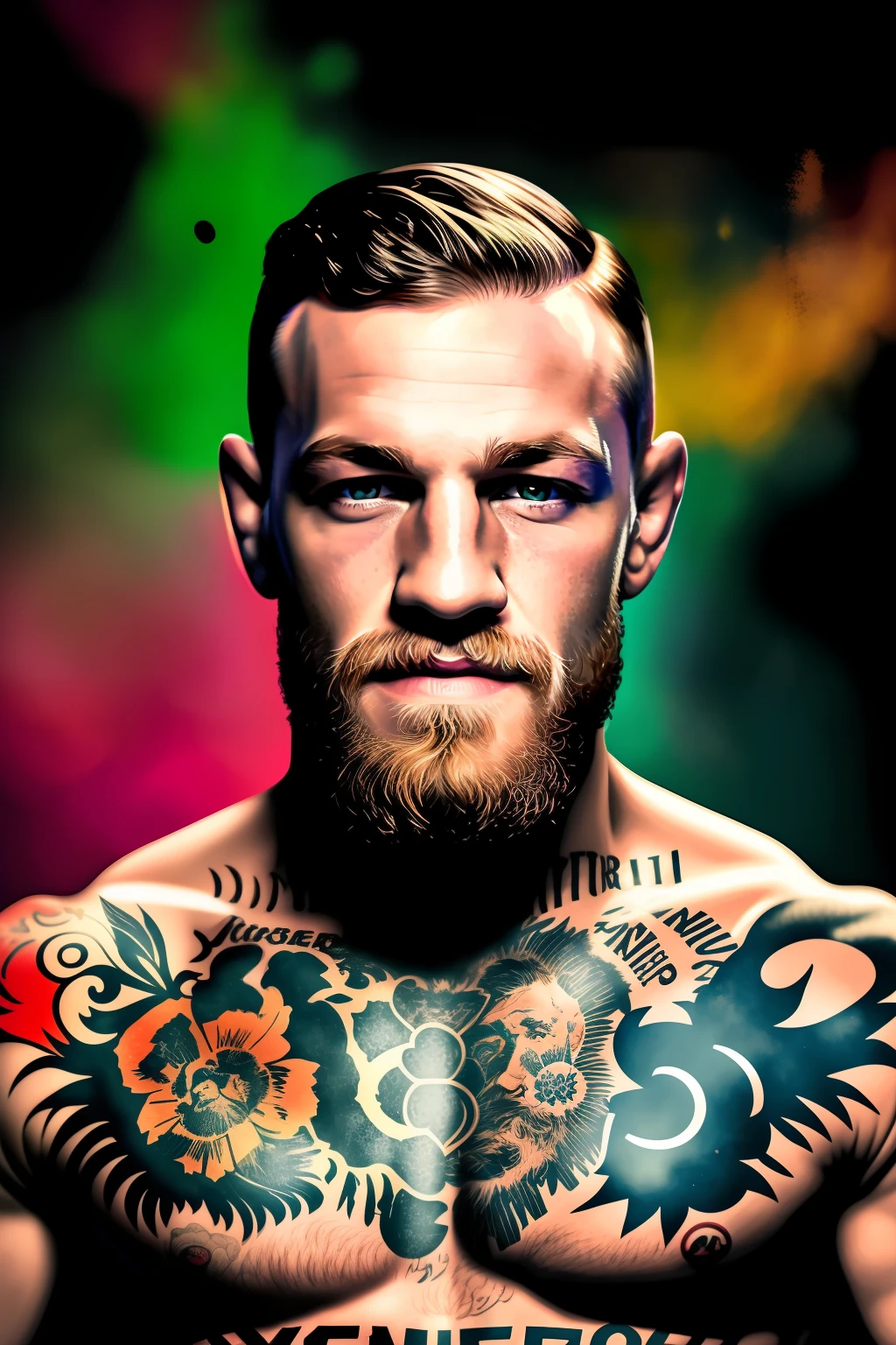 A portrait of conor McGregor smiling hyperdetailed, cinematic, warm lights, complex details, hyperrealistic, dark radial background, (soft colors:1.38), (neutral colors:1.2 )