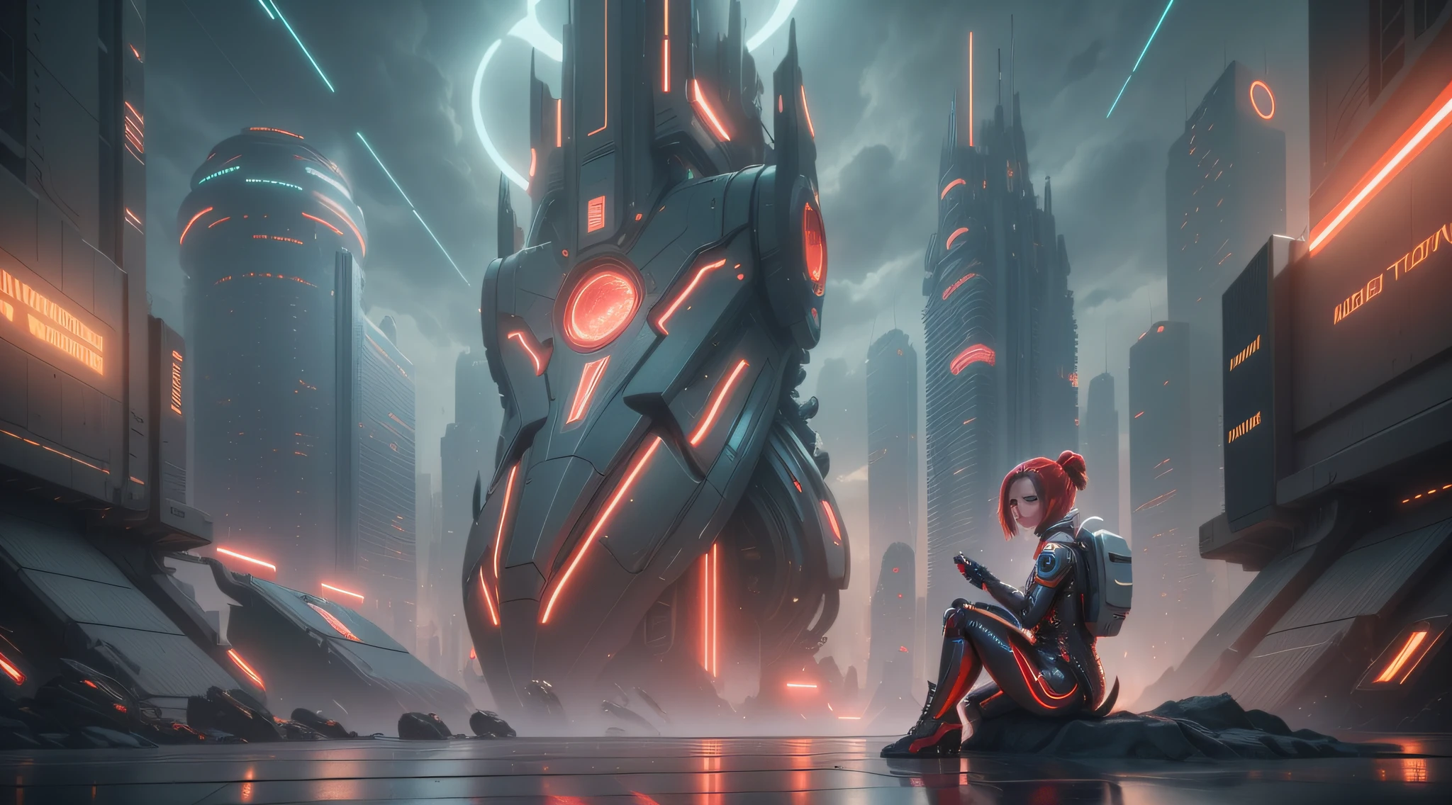 maximum quality, photorealism, 8k, film, high resolution, woman, 8k, perfect face, 8k, intricate details, bright eyes, intricate details, with a laser gun on the back and space suit with neon lights, 8k, sitting on the shoulder of a giant red, silver and gold robot, maximum quality, 8k, background of a futuristic city, sinuous buildings, metal, glass, concrete,  dramatic light, fog, rain, water, view from below, general plan, medium depth of field, lomography, neon, maximum quality, beautiful, masterpiece, photorealism, 8k, realistic texture high resolution, film grain, film, cinematic
