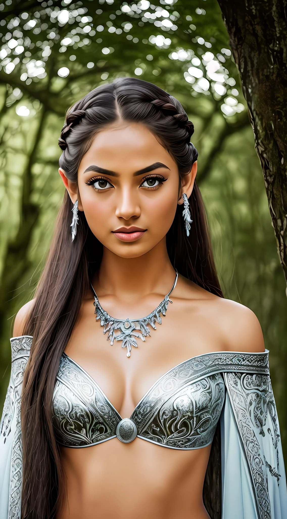 braided crown hairstyle, silver-white hair color, piercing icy blue eyes, fierce and ready-for-battle pose, mystical forest background, dual-wielding enchanted swords, armor with intricate patterns, medium shot angle, slow-motion camera movements, elven ear cuffs, silver necklace with a magical gemstone, leather gauntlets with engraved runes, flowing cape with ethereal patterns, surrounded by wisps of magical energy and ancient trees, rays of sunlight filtering through the foliage,((Hesti Purwadinata:1.5)), perfect very small-sized breasts, Indonesian, smoth and flawless skin, sundanese, wet skin, bushy pubic hair, ((tanned skin:1.5)), (masterpiece:1.5),(photorealistic:1.5), RAW Photo, (best quality:1.5),(((award winning))),(ultra highres:1.5), 1200 dpi, (16K), ((HDR:1.5)), (vivid colors:1.3), Hyperrealism,((realistic face)), ultra-realistic, perfect face, Fujicolor, (Cinematic lighting) , (natural lighting:1.05), moody lighting, Hasselblad, 85mm, f/2.8, ((medium shoot:1.3)) , (focus on face) , (silhouette:1.0) , (illustration:1.3), (sharp focus:1.3), (sharp eyeliner, eyeshadow, detailed eyes:1.1), ((profesional shoot:1.5)), Cinematic still frame, movie still, 1200 dpi, cinematic, anamorphic, (silhouette:1.0) ,