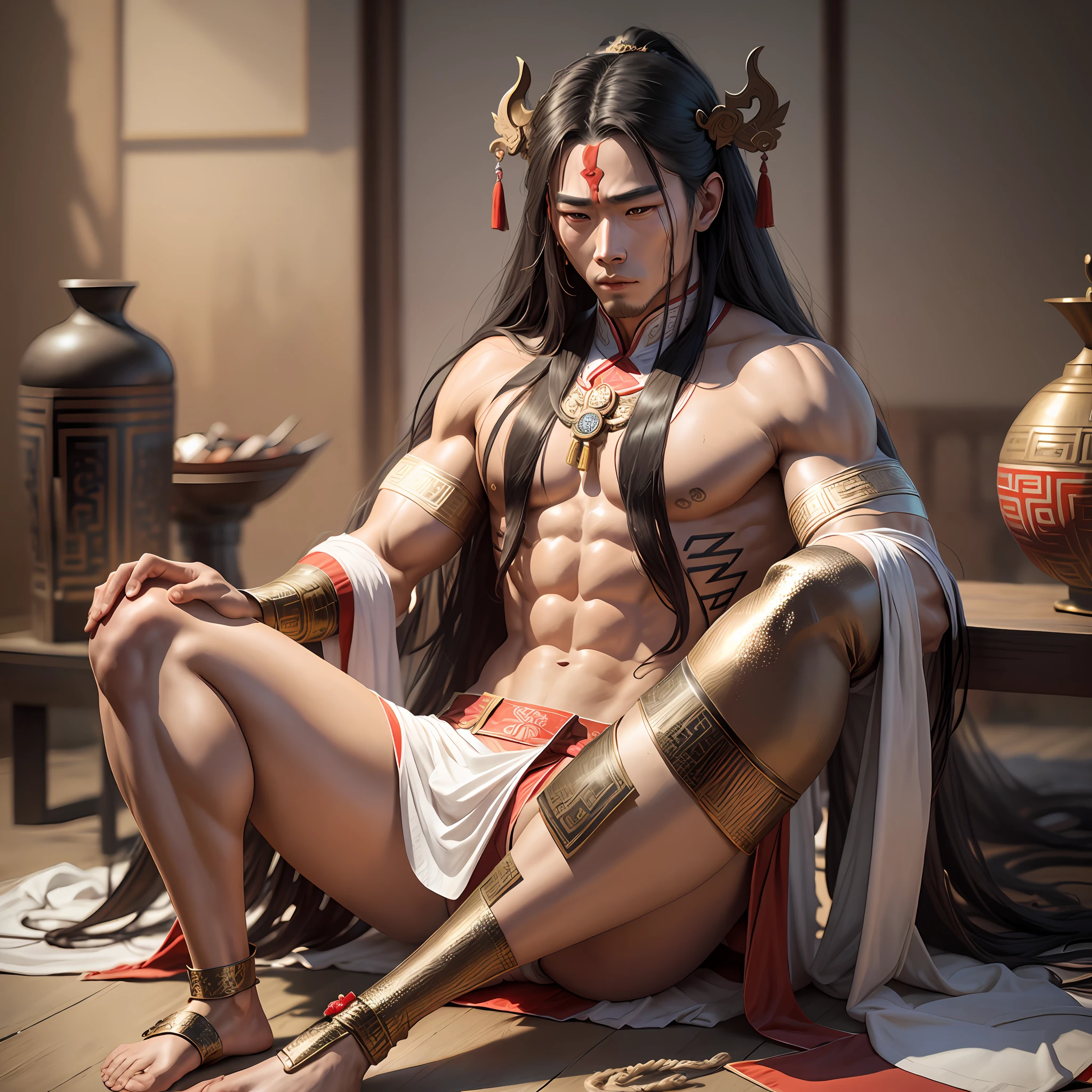 Realistic,Hot muscula Male concubine in the Han dynasty on his knees with legs spread apart, wearing ancient revealing Chinese dress with long hair and masculine features.Battle scars