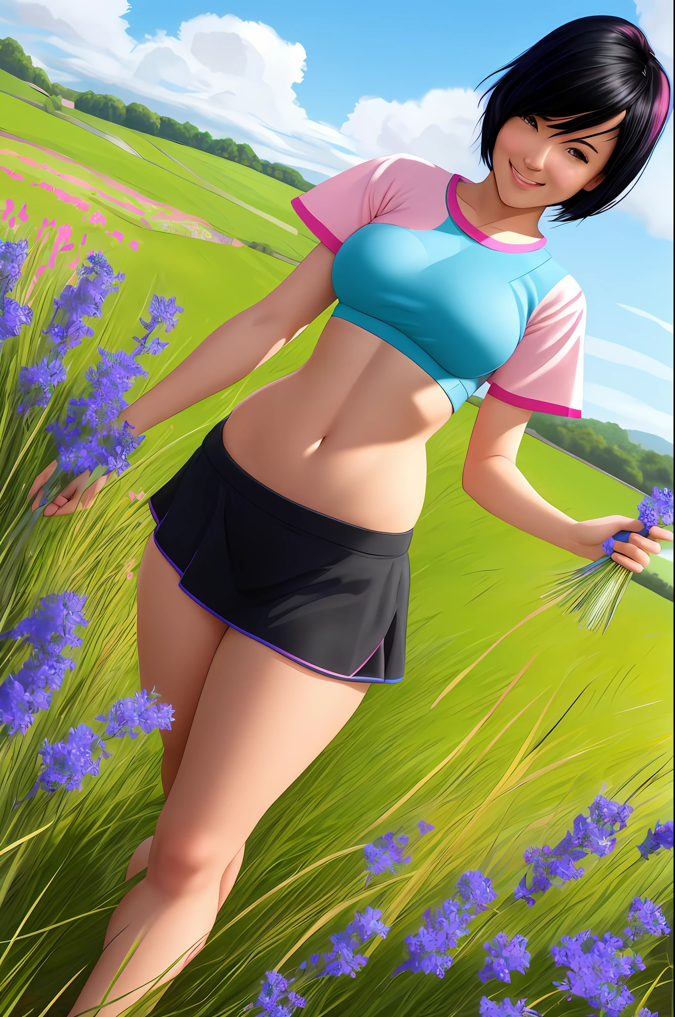 Girl, Black hair,pink hair strand, short hair, 8k resolution, detailed image,realistic body, ultra realistic quality, high quality image, light reflection, shadow, leg pants, bare breasts exposed,full body, (open field! pink and blue flowers bright green grass, sunlight) easy expression Smiling, realistic, breasts, thighs, standing, with hand on breast.