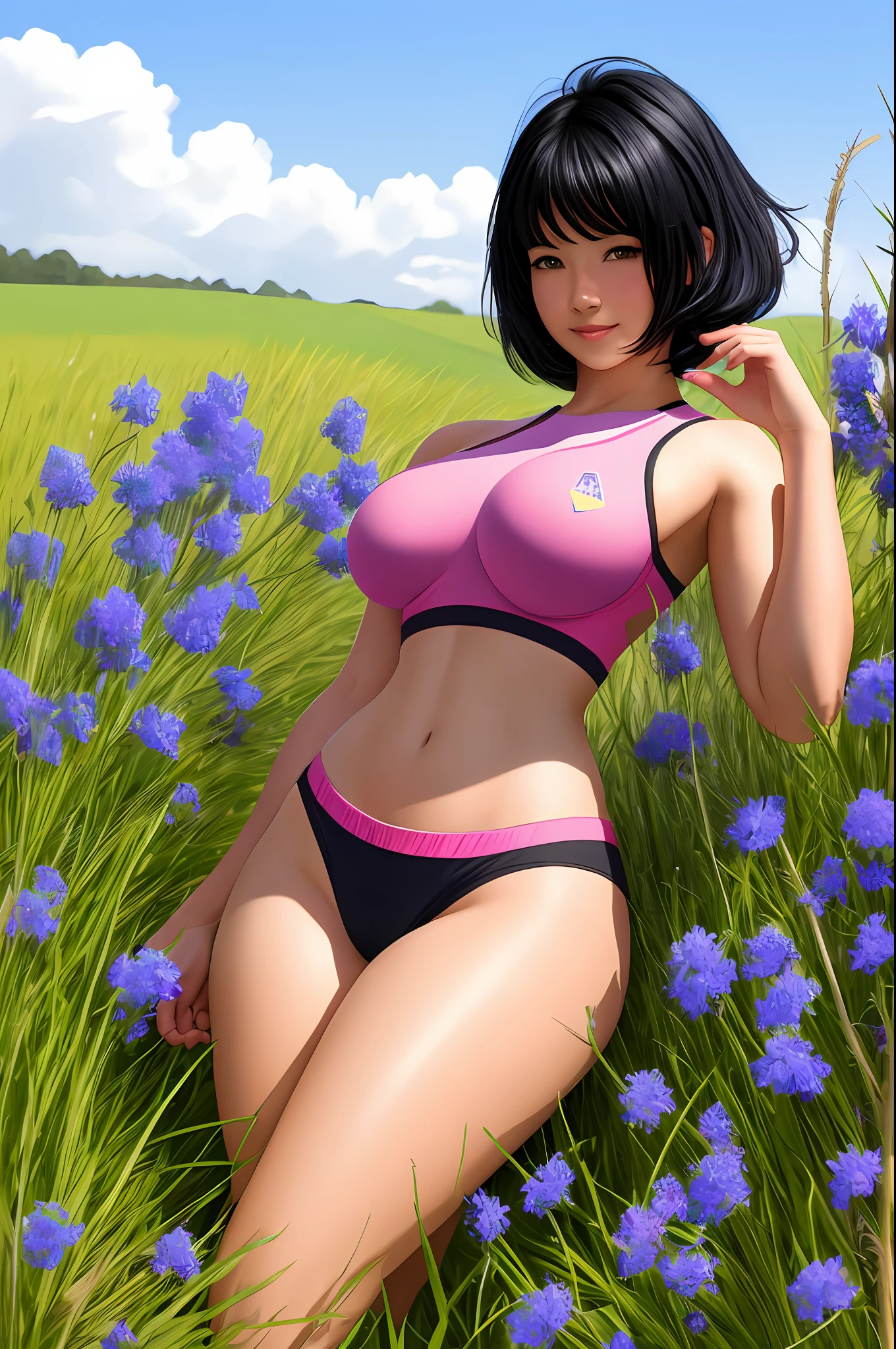 Girl, Black hair,pink hair strand, short hair, 8k resolution, detailed image,realistic body, ultra realistic quality, high quality image, light reflection, shadow, leg pants, bare breasts exposed,full body, (open field! pink and blue flowers bright green grass, sunlight) easy expression Smiling, realistic, breasts, thighs, standing, with hand on breast.