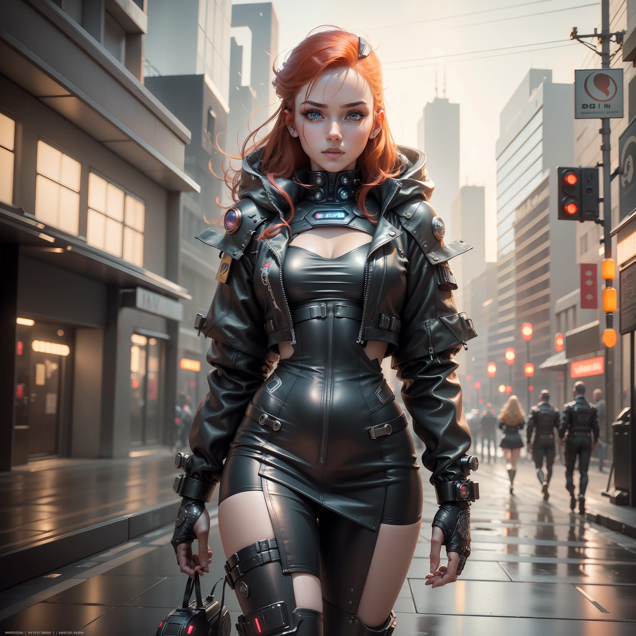 ((best quality)), ((masterpiece)), ((hyperrealistic)),((photorealistic)),(HDR10+),((intricate details)),(whole body)walking,young redhead extremely beautiful,cyber punk perssonage,body and face with cybernetic implants,seductive look,ultra detailed skin in such a way that pores become visible,urban environment,pedestrians walking around,cyber punk city,wet ground,smoke,fire particles in the air, dust flying,retrofuturistic cyber punk cars.neon (/style/), (fear, scary)(skull: 1.2), (4k texture with scratches: 1.2), , hdr, sharp focus, cinematic,((best quality)), ((masterpiece)), ((realistic)),(HDR10+) trend in artstation, sharp focus, studio photo, intricate detail, very detailed eye, detailed, illustration, very detailed,(ray tracing), sharp focus, digital rendering, professional, 8k, world's best masterpiece, rich in color,  5 unreal engine, extremely detailed, masterpiece, absurdities,light flare lens, realistic photo, RAW photo, TanvirTamim, high quality, high resolution, sharp focus, extremely detailed, cinematic lighting, 8k uhd, nikon d850 film photography,