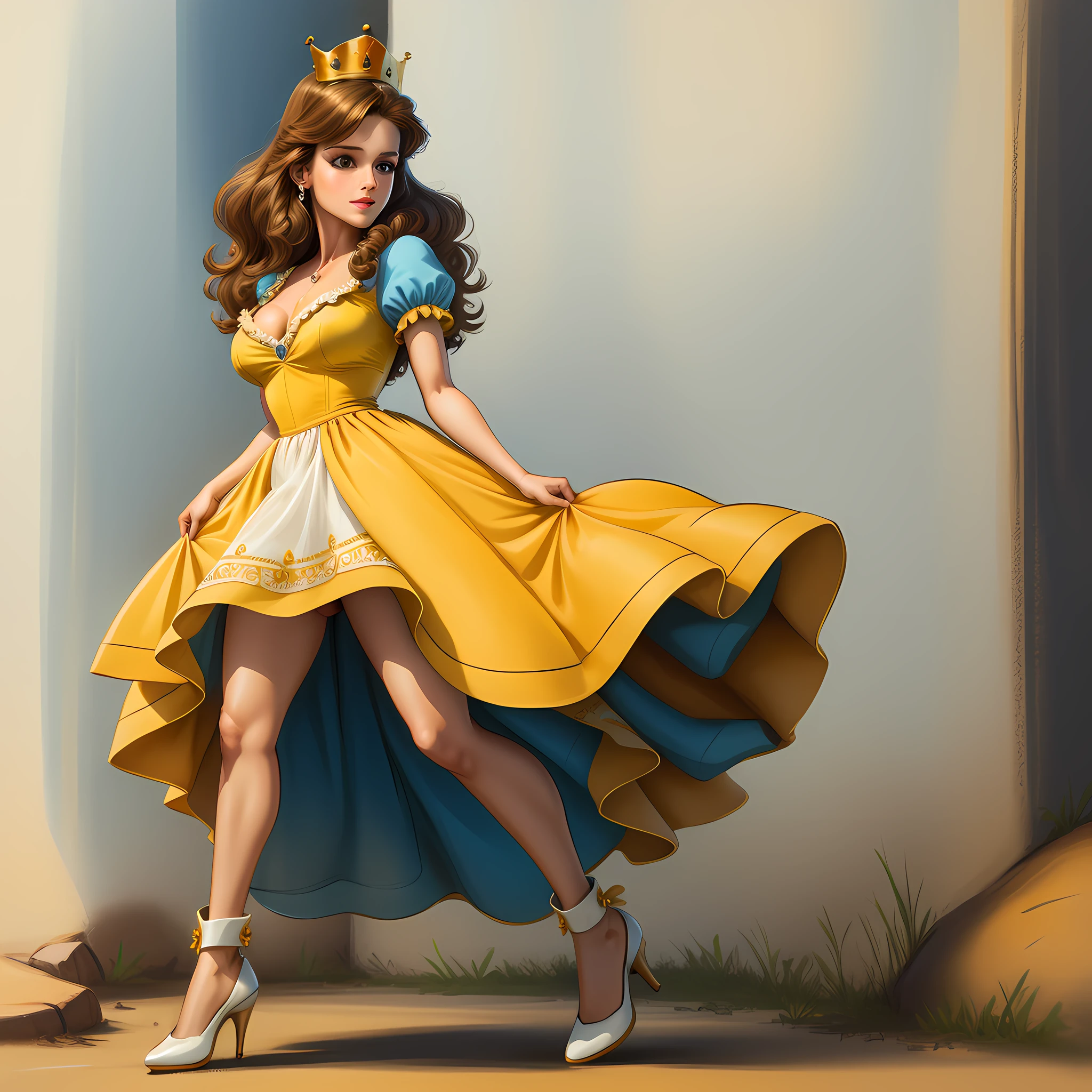 cowboy shot, Princess Belle, 1980s \(style\), 1girl, long yellow dress, long brown hair, retro artstyle, short hair, solo, white bra and panties, unbutton_shirt, (medium_breasts:1.2), medium_breasts, cleavage, full body shot, model pose, shoes visible, ass view, face view, Disney, crown, Belle Character, Princess, mini skirt, detailed face