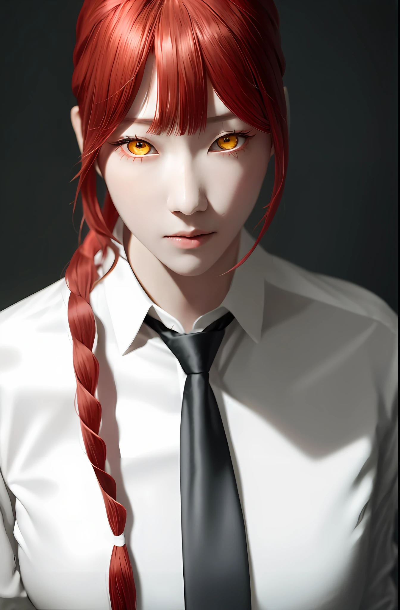 masterpiece, (photorealistic:1.4), best quality, beautiful lighting,
(ulzzang-6500:0.5), makima \(chainsaw man\), (red hair)+(long braided hair)+(bangs), yellow eyes, golden eyes, ((ringed eyes)), (white shirt), (necktie),
RAW photo, 8k uhd, film grain