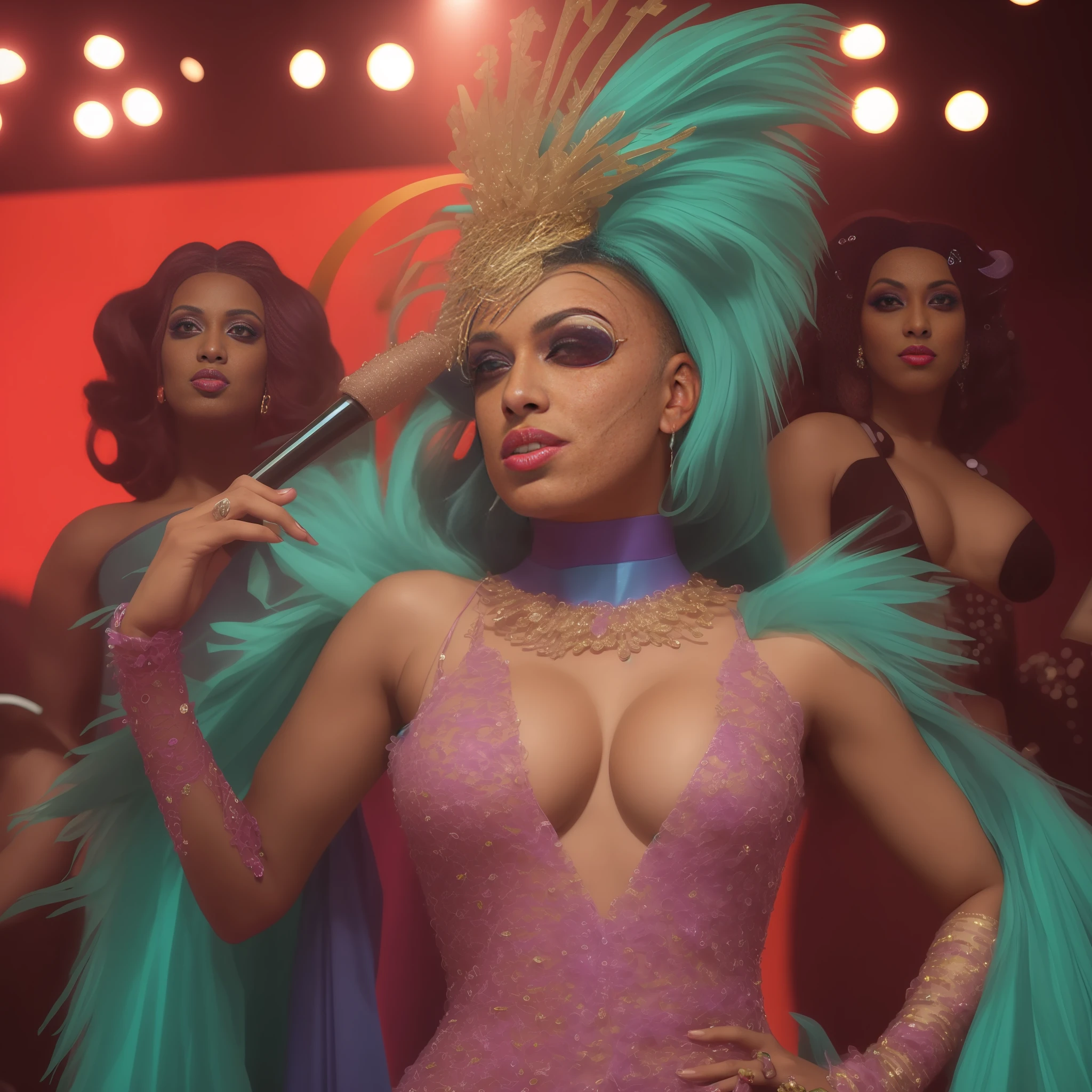 a woman in a drag queen costume with a microphone and other women, drag, ru paul\'s drag race, drag queen, patron saint of 🛸🌈👩🏾, cardi b, doja cat, tv still, by Dan Frazier, by Elena Guro, taken in the early 2020s, by Jeka Kemp, by Jeanna bauck