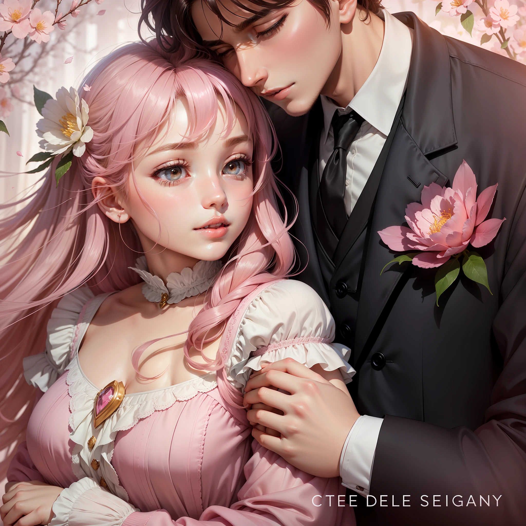 The entire cover is dominated by a soft pink tone, giving a feeling of warmth and well-being. The heroine was hugged tightly by the male protagonist, and the two met their eyes, revealing deep love and dependence. The background depicts a dreamy and romantic scene, full of flowers and pink elements. Pink petals float in the air, creating a romantic atmosphere. Delicate color gradients and light and shadow effects add to the three-dimensional and soft sense of the cover. Girls have attractive looks and soft qualities. The girl wore an elegant pink dress, and her hair brushed gently across her cheeks, showing the gentleness and romance of the girl. The girl's eyes reveal firmness and happiness, symbolizing the girl's dependence and love for the boy. The boy is handsome and gentle, hugging the heroine tightly, showing the boy's protection and care. The boy is wearing a delicate suit, smiling, and his eyes reveal deep love. The image of a boy should give people a warm, reliable and romantic feeling. Anime style