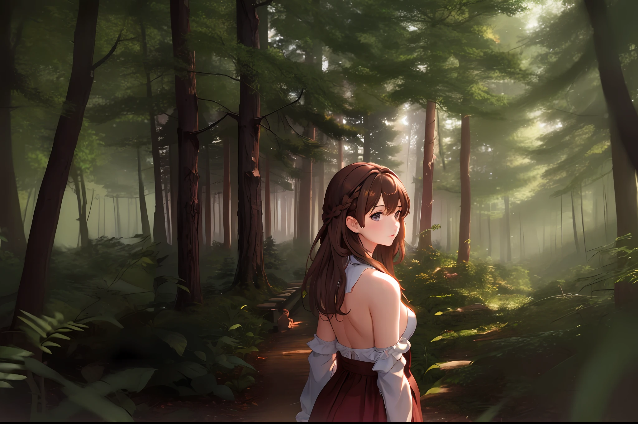 anime girl in a forest with trees and a bench, anime lush john 8k woods, digital anime illustration, digital anime art, a sexy maid in a magical forest, a maid in a magical forest, beautiful anime girl, detailed digital anime art, in the forest, forest soul, beautiful anime portrait, smooth anime cg art, enjoying a stroll in the forest