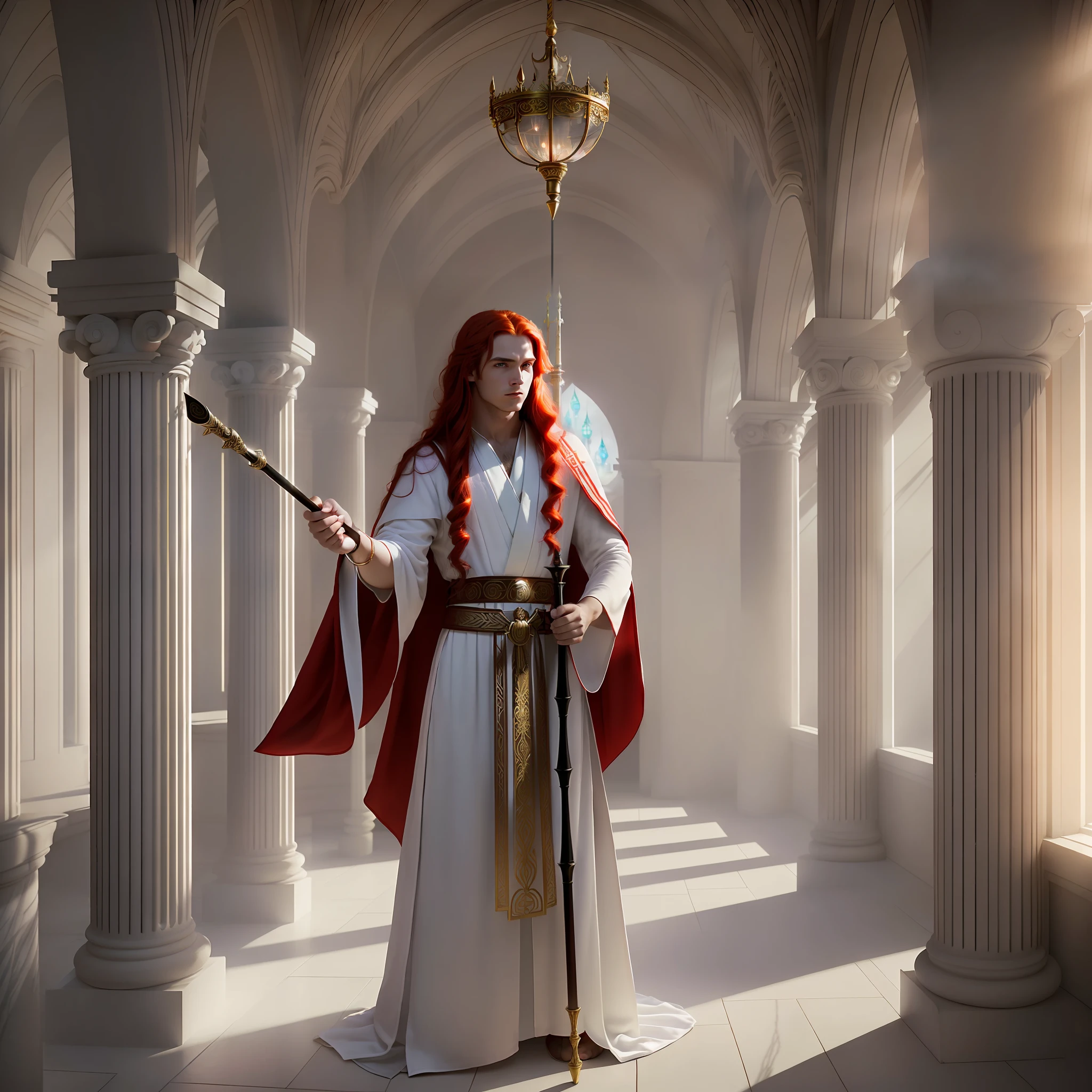 (masterpies, best quality, deep realism, ultra-detailed, best lighting, dark fantasy),(a young man with long red hair in a white robe holding a magic staff),(room with columns),(emphasized mystical element),(perhaps with a little bit of mysticism in the background)