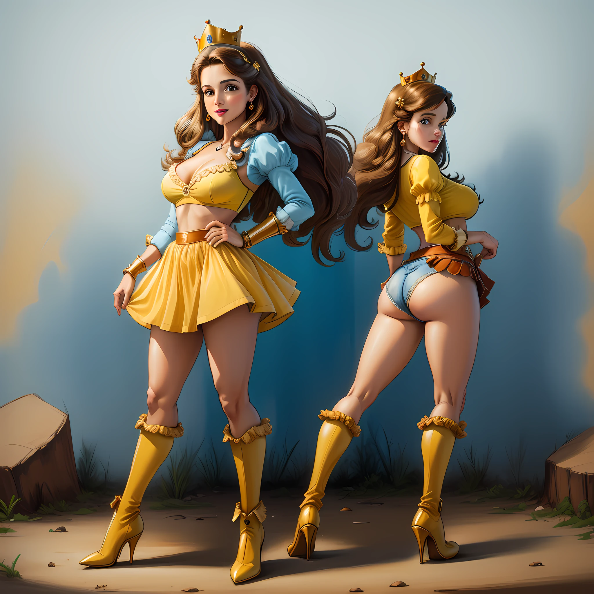 cowboy shot, Princess Belle, 1980s \(style\), 1girl, long brown hair, retro artstyle, solo, yellow bra and panties, unbutton_shirt, (medium_breasts:1.2), medium_breasts, cleavage, full body shot, model pose, shoes visible, ass view, face view, Disney, crown, Belle Character, Princess, mini skirt, detailed face