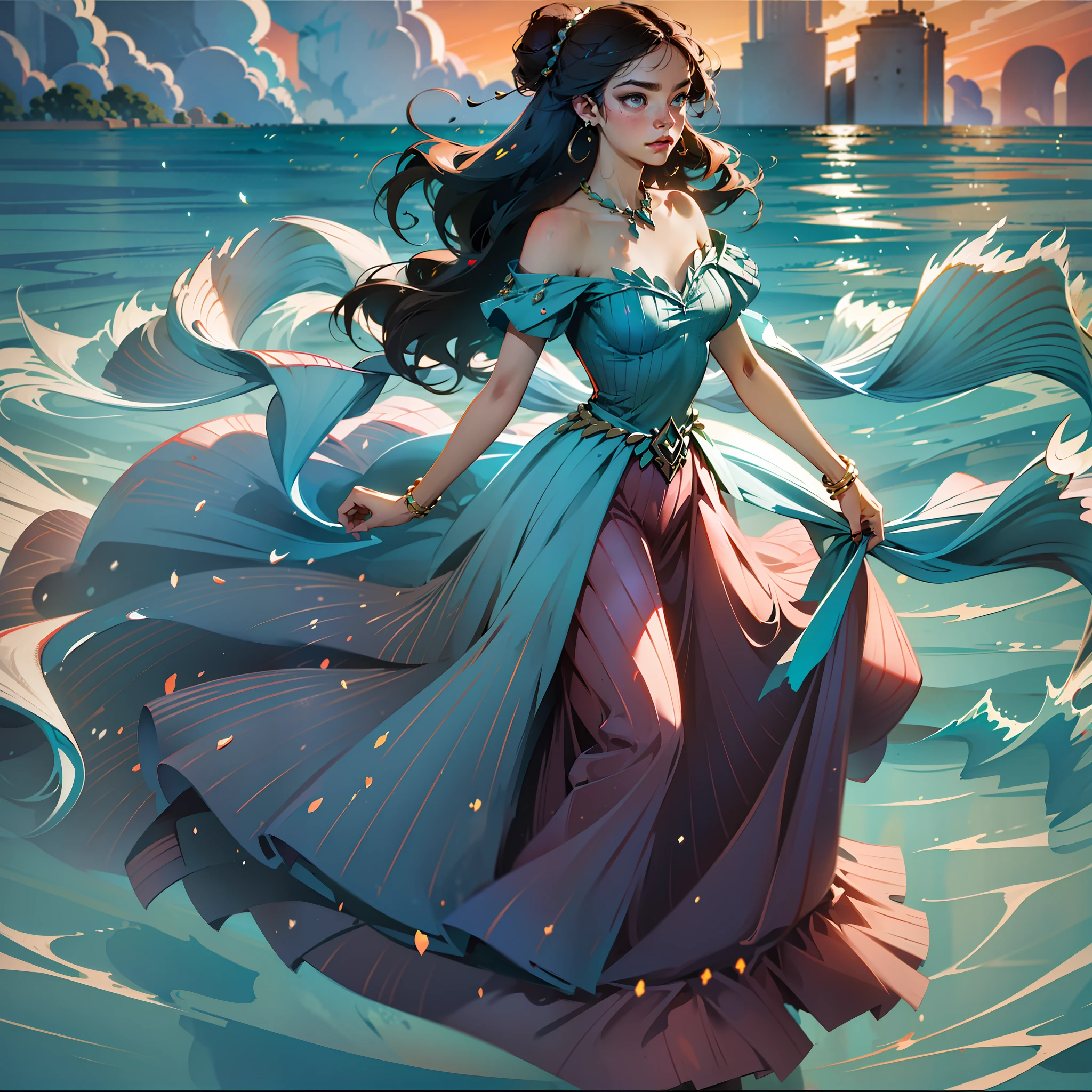 extremely detailed painting of a woman walking along the sea, very detailed sea, beautifully detailed coral reefs, visible brush strokes of oil paint, luminous, vibrant, impressionistic, masterful, sun-drenched, captivating, evocative, fluid, painterly, intimate, meticulous, light-infused, timeless, mysterious, masterful, atmospheric, refined, captivating, depth of Field, perfect proportion, rule of thirds, (highly detailed:1.3), ((Best quality)),