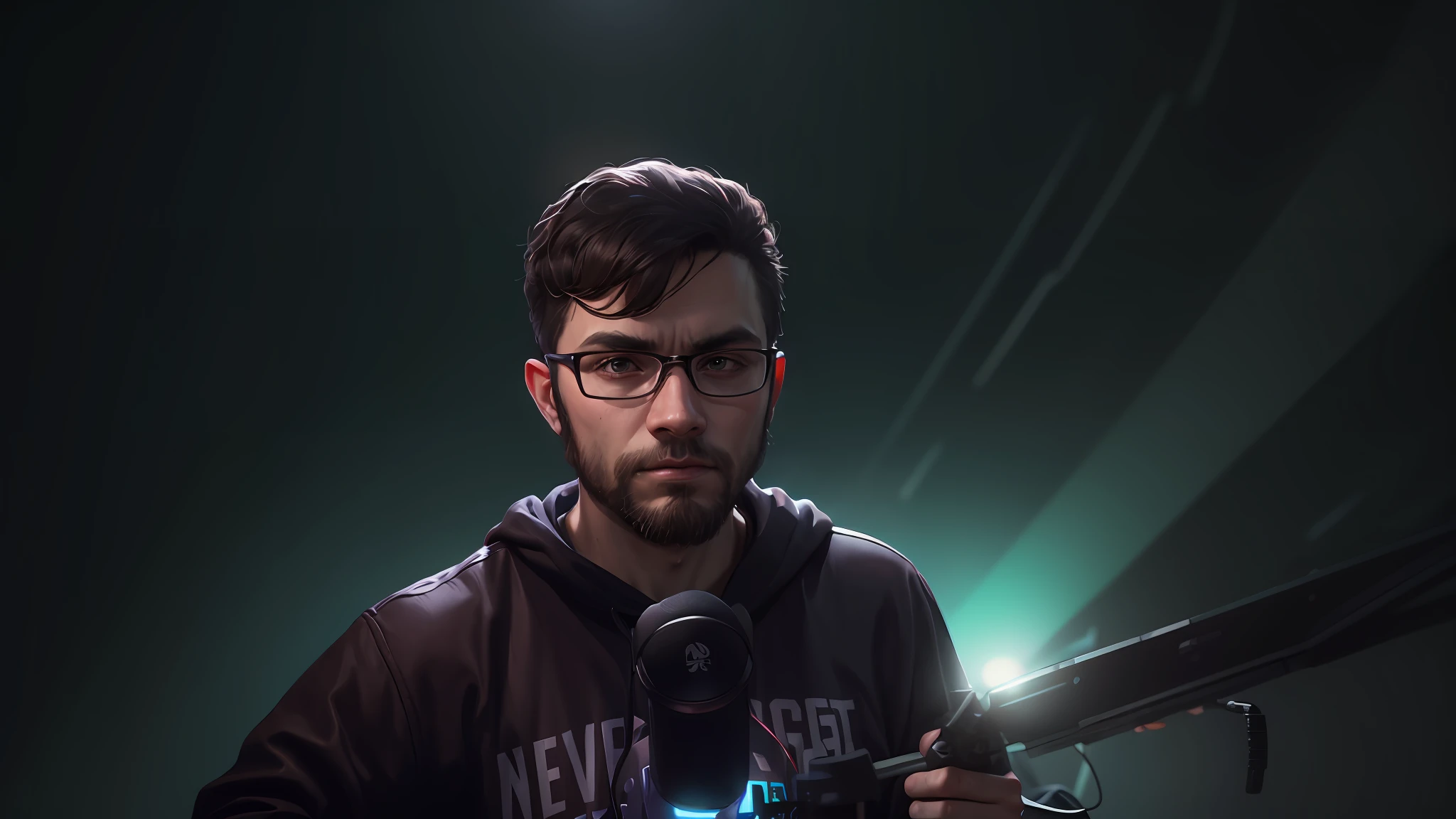 There is a man who is sitting with a microphone, Twitch streamer/gamer Ludwig, gaming journalist, very gaming news background, high quality image, Aykut Aydogdu, Twitch streaming, journalistic backround,