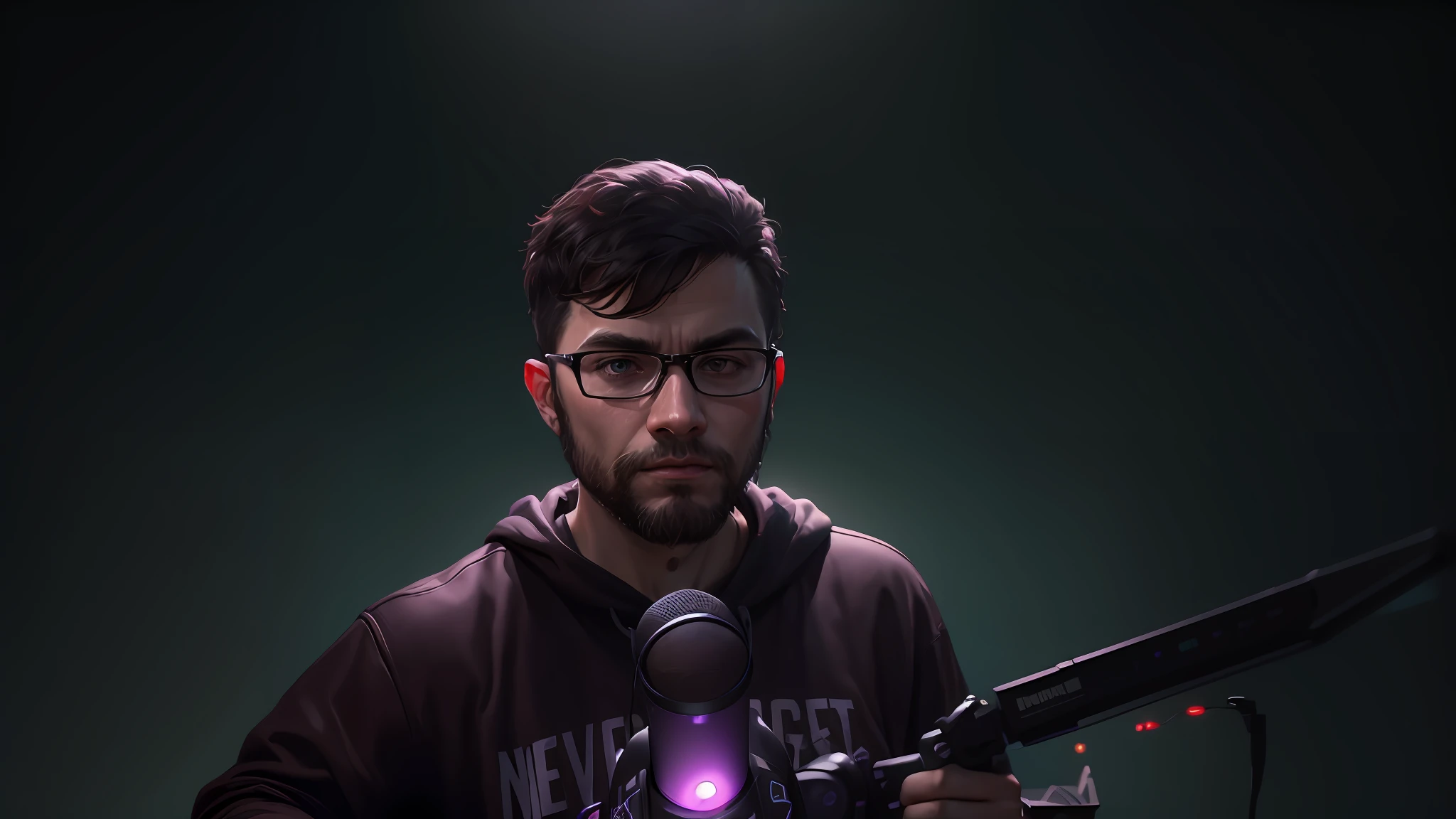 There is a man who is sitting with a microphone, Twitch streamer/gamer Ludwig, gaming journalist, very gaming news background, high quality image, Aykut Aydogdu, Twitch streaming, journalistic backround,
