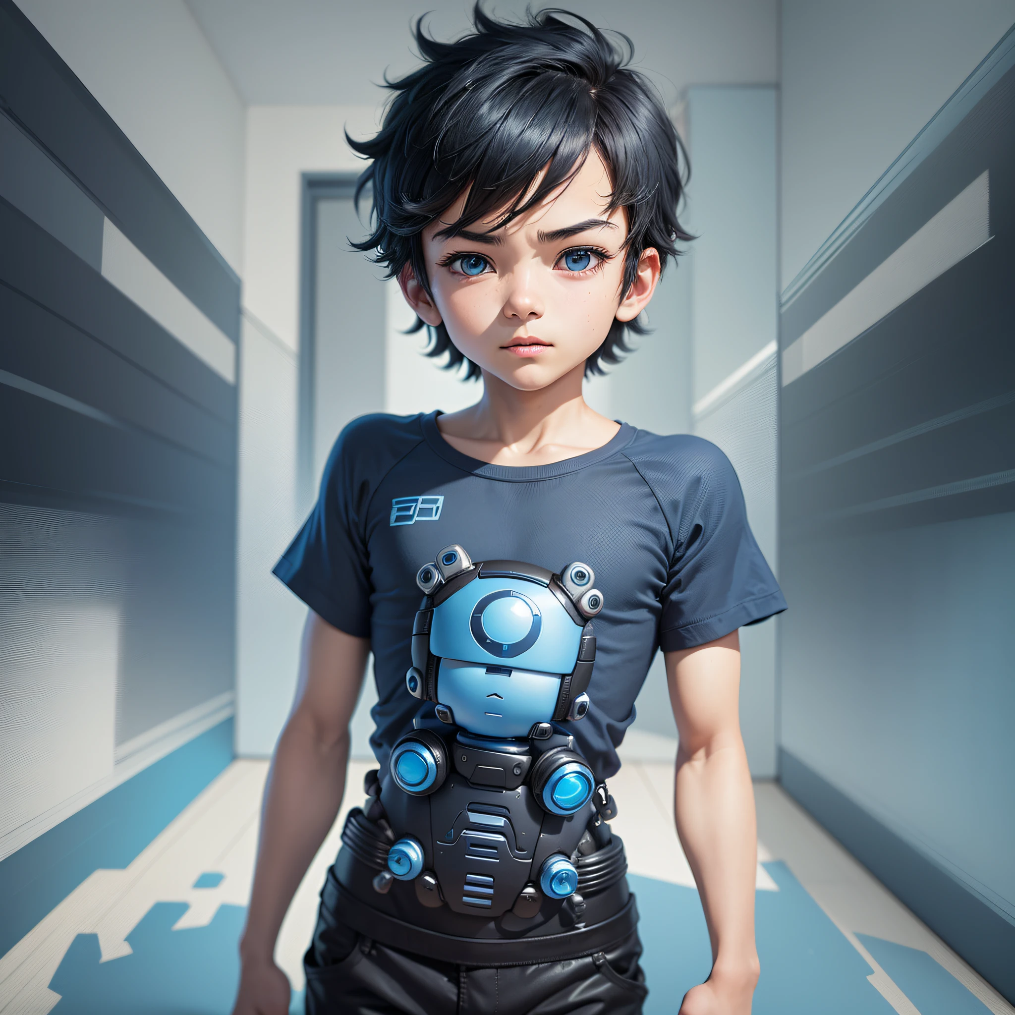 Image of a boy with a blue shirt and black pants, hands back, official product photo, portrait of a age robot, super cute robot face, high resolution product photo, fubuki, thin face boy, blue cyborg, 3d child robot, mid shot portrait --auto --s2
