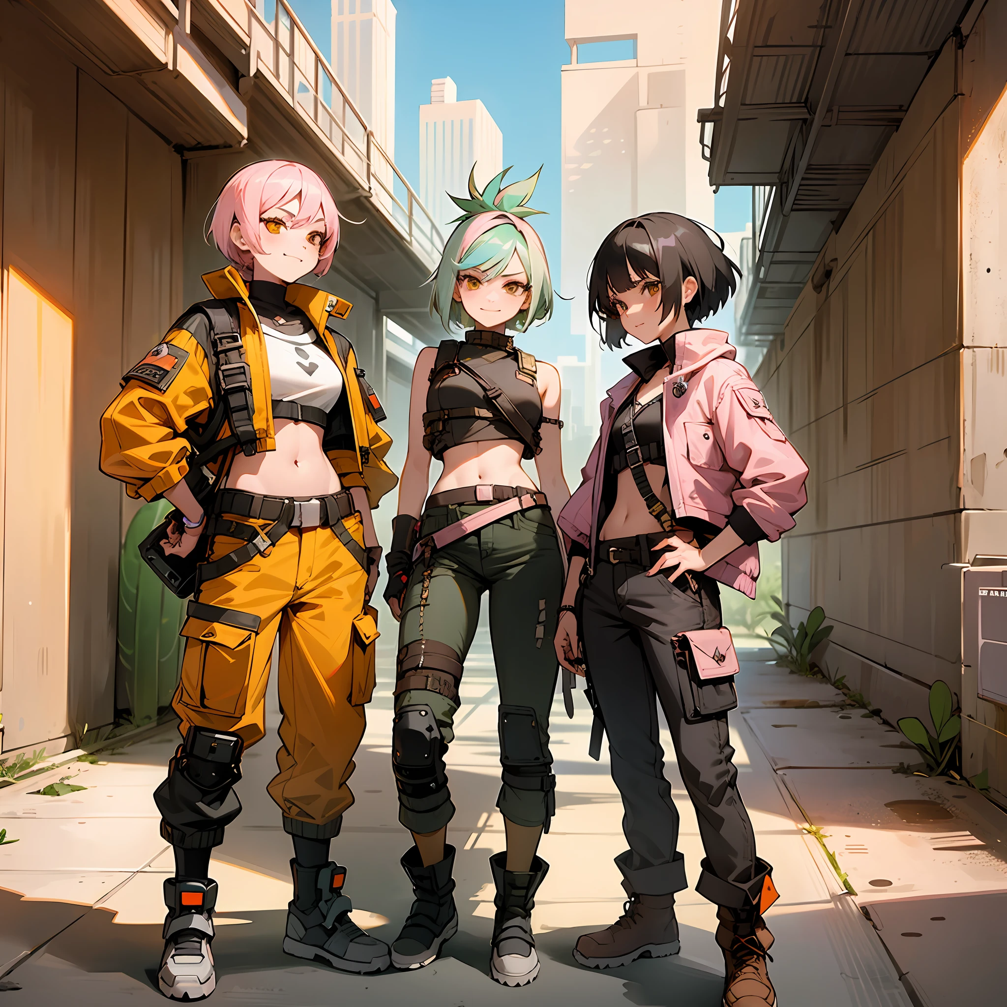 solar punk desert, abandoned mall, adventurers, three women, short hair, pastel white pink and orange, pirates, badass, outlaws, smirk, cactus, cargo pants, fire, technology --auto --s2