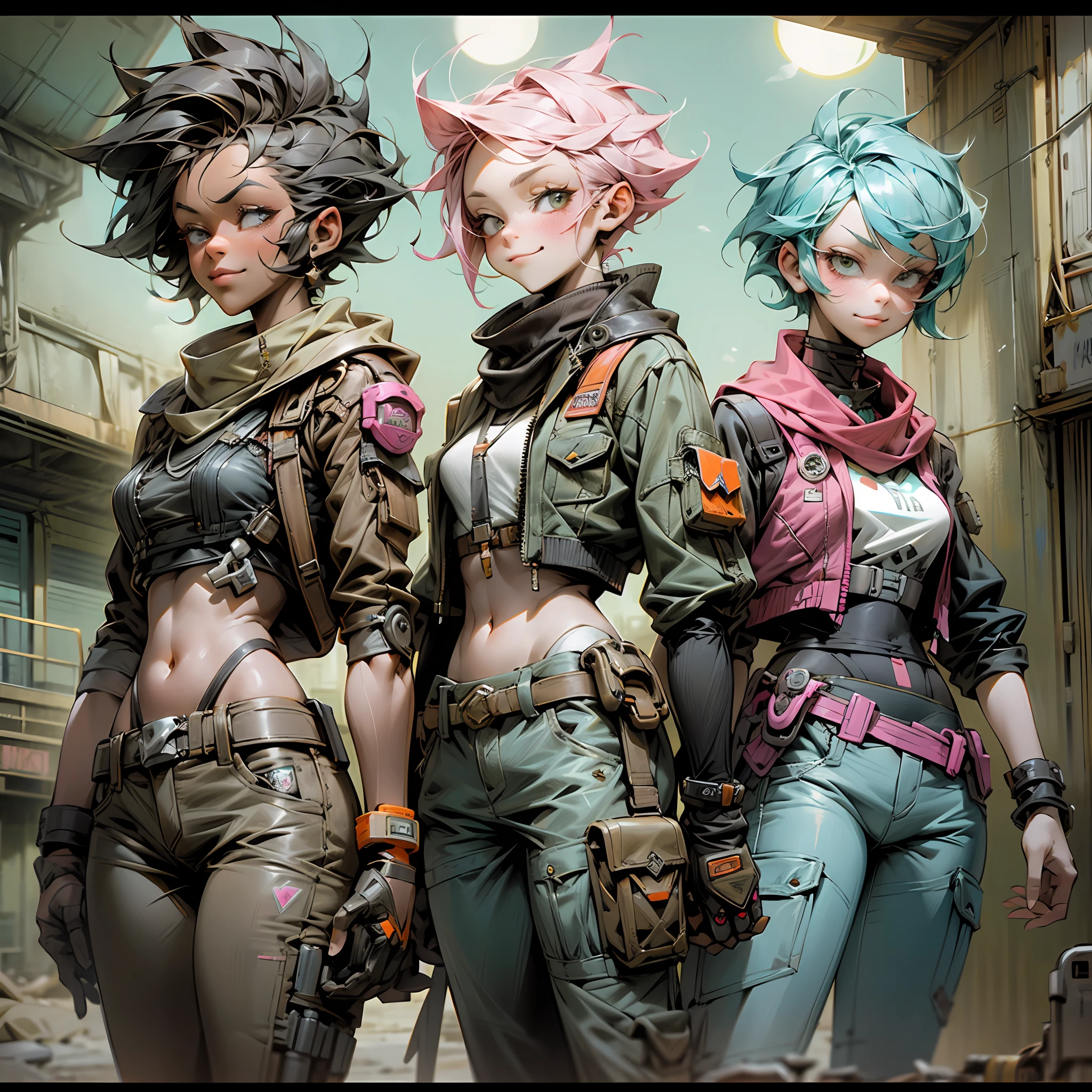 solar punk desert, abandoned mall, adventurers, three women, short hair, pastel white pink and orange, pirates, badass, outlaws, smirk, cactus, cargo pants, fire, technology --auto --s2
