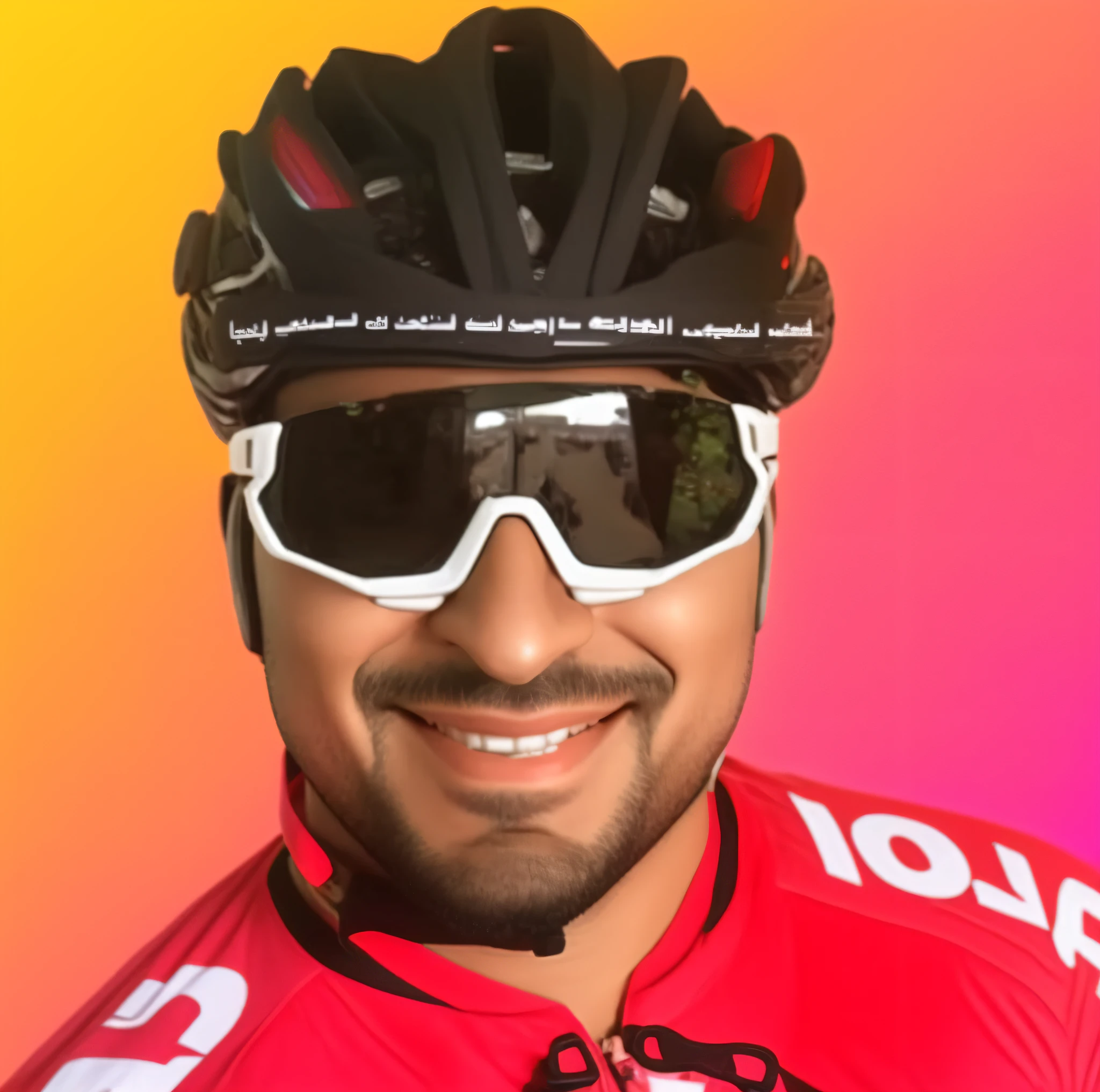 Arafed man wearing a helmet and glasses with a colorful background, no helmet, Emad Mostaque, profile picture, Mohamed Chahin, Farid Ghanbari, Khyzyl Saleem, wearing Oakley sunglasses, Sam Nassour, Ahmad Merheb, Saadane Afif, with neon visor, profile picture, wearing helmet, Hicham Habchi, cyberpunk, 8k,