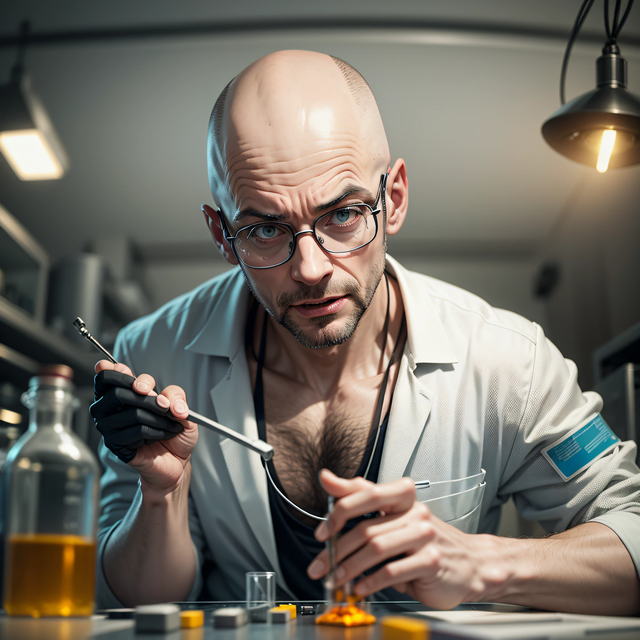 A crazy bald scientist inside a crazy high tech laboratory performing a crazy experiment --auto --s2