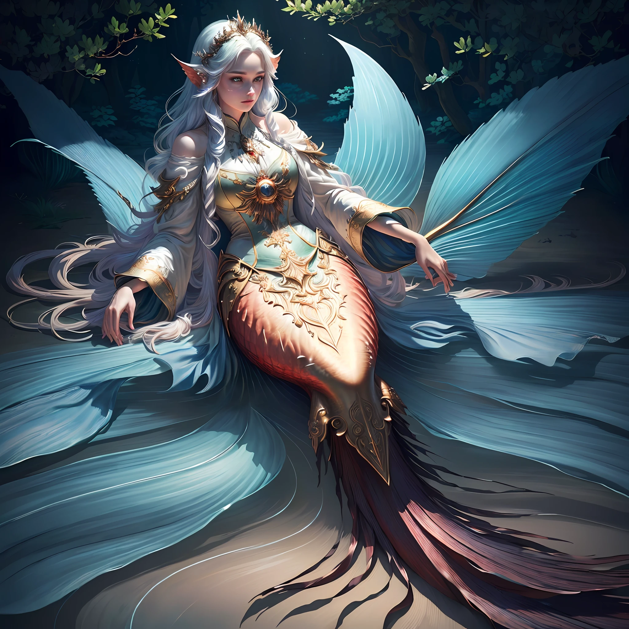 Masterpiece, best quality, (very detailed CG unified 8k wallpaper), (best quality), (best illustration), (best shadow), realistic lighting, full body shot, mermaid portrait, fish fin ears, intricate, elegant, very detailed, handsome, very detailed, claws, in the forest, blood, rags, beautiful face, dreamy, medieval, beautiful detailed light