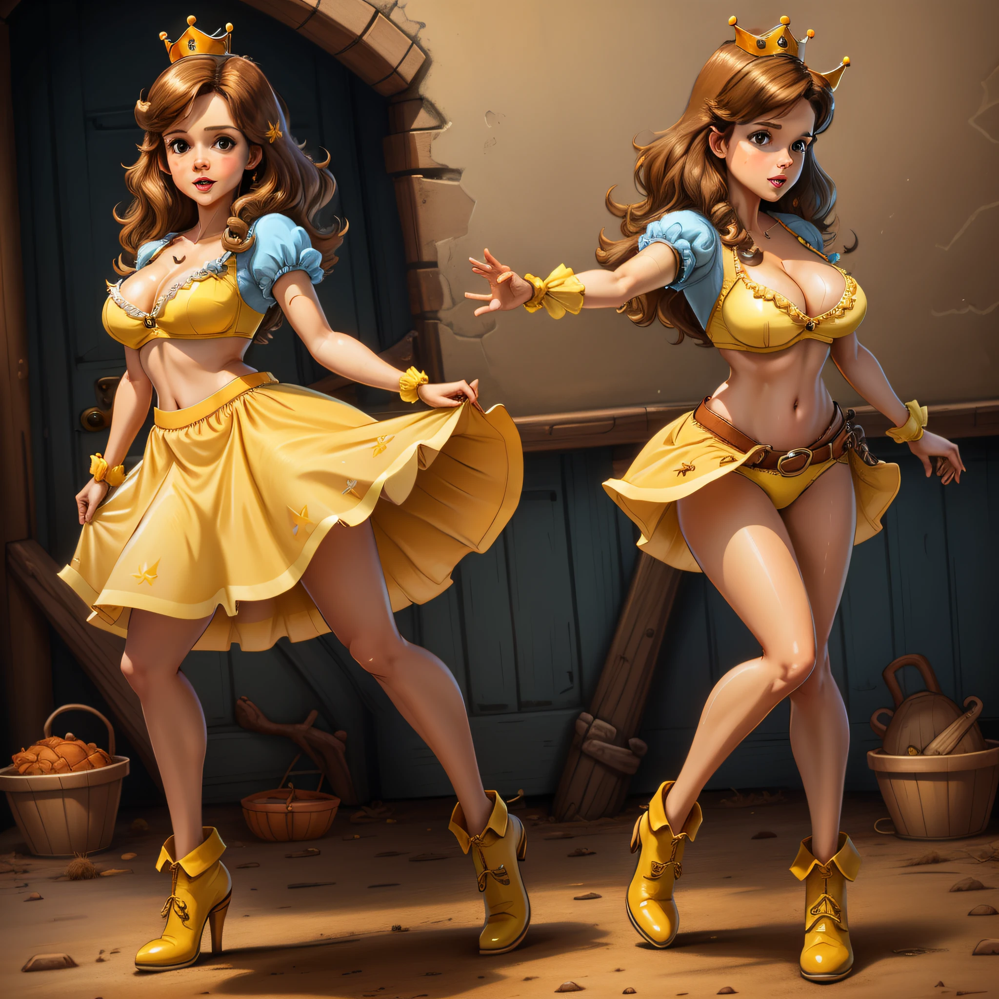 cowboy shot, Princess Belle, 1girl, brown hair, retro artstyle, solo, yellow bra and panties, unbutton_shirt, (medium_breasts:1.2), medium_breasts, cleavage, full body shot, model pose, shoes visible, ass view, face view, Disney, crown, Belle Character, Princess, mini skirt, detailed face puffy nipple, outline, wet