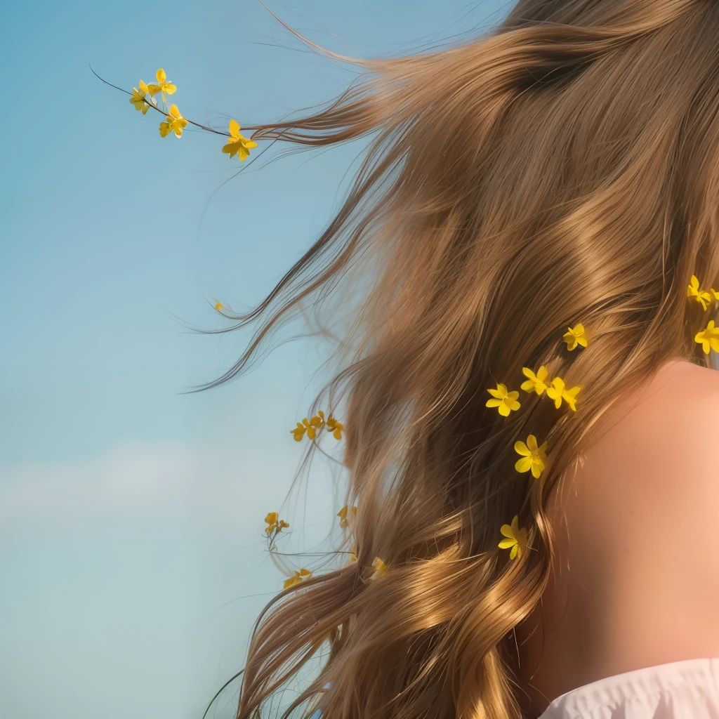 extremely high quality high detail RAW color photo, in locations, perfect skin, skin pores, a close up of a female shoulder and long hair, blue sky in the background, ((many-many little spring flowers in her hair, many little spring white flowers in her hair, many little spring blue flowers in her hair, many little spring pink flowers in her hair, many little spring yellow flowers in her hair)), hair waving in the wind, wavy shoulder-length hair, wavy hair, hair floating in the wind, wavy beautiful hair, flowing hair, hair blowing in the wind, flowing backlit hair, a woman's profile, brown flowing hair, hair in the wind, girl with brown hair, hair blowing the wind, soft focus, (film grain, vivid colors, film emulation, kodak gold 100, 35mm), Golden Hour, HD, Cinematic, Beautiful Dynamic Lighting (ultra photorealistic:1.3)