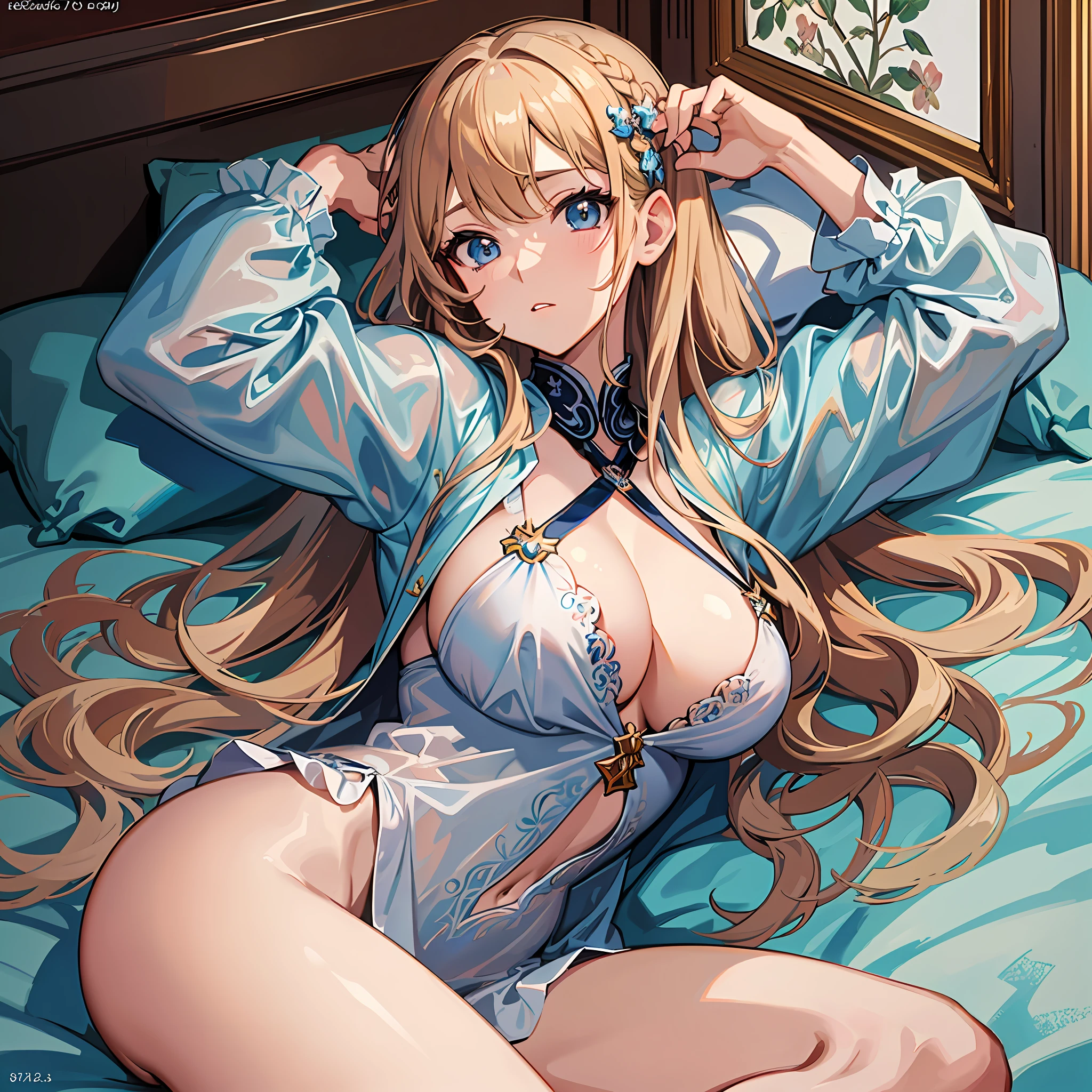 masterpiece,Best quality,Perfect body,Anime girl,1 girl,Light chestnut long hair,Light blue eyes,Hanging eyes,Pretty girl,Big:1.3,Naked shirt,Cleavage,Curvaceous legs,Shy look,Boudoir,Lying on bed