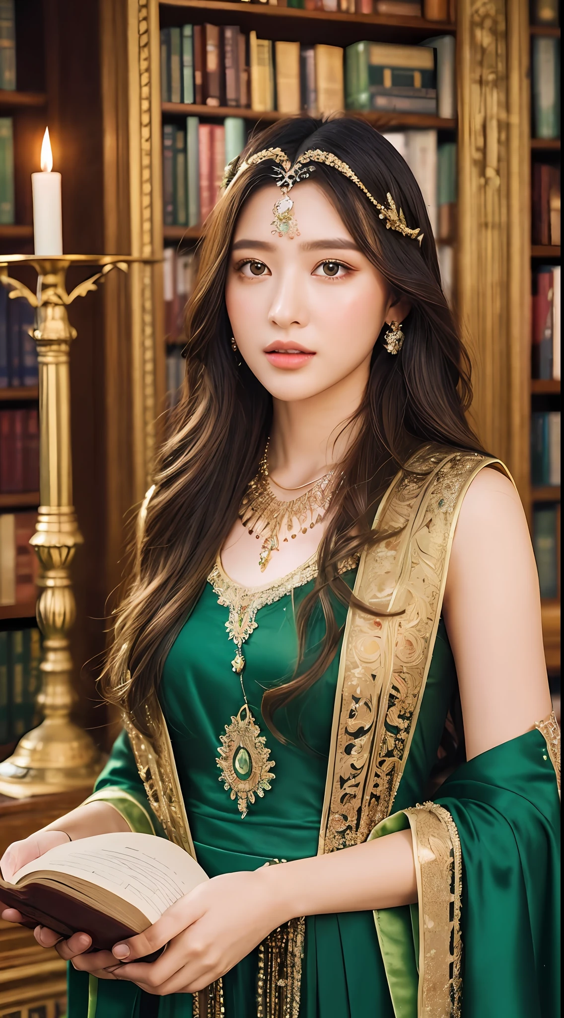 long flowing hair with loose curls, emerald green hair color, sparkling golden eyes, confident and charismatic pose, enchanted library background, holding a spellbook, decorative headband with a magical gem, medium shot angle, steady camera, beaded necklace with a mystical pendant, wrist cuffs with magical symbols, pleated skirt with intricate patterns, surrounded by towering bookshelves filled with ancient tomes, soft candlelight casting a warm glow on the surroundings