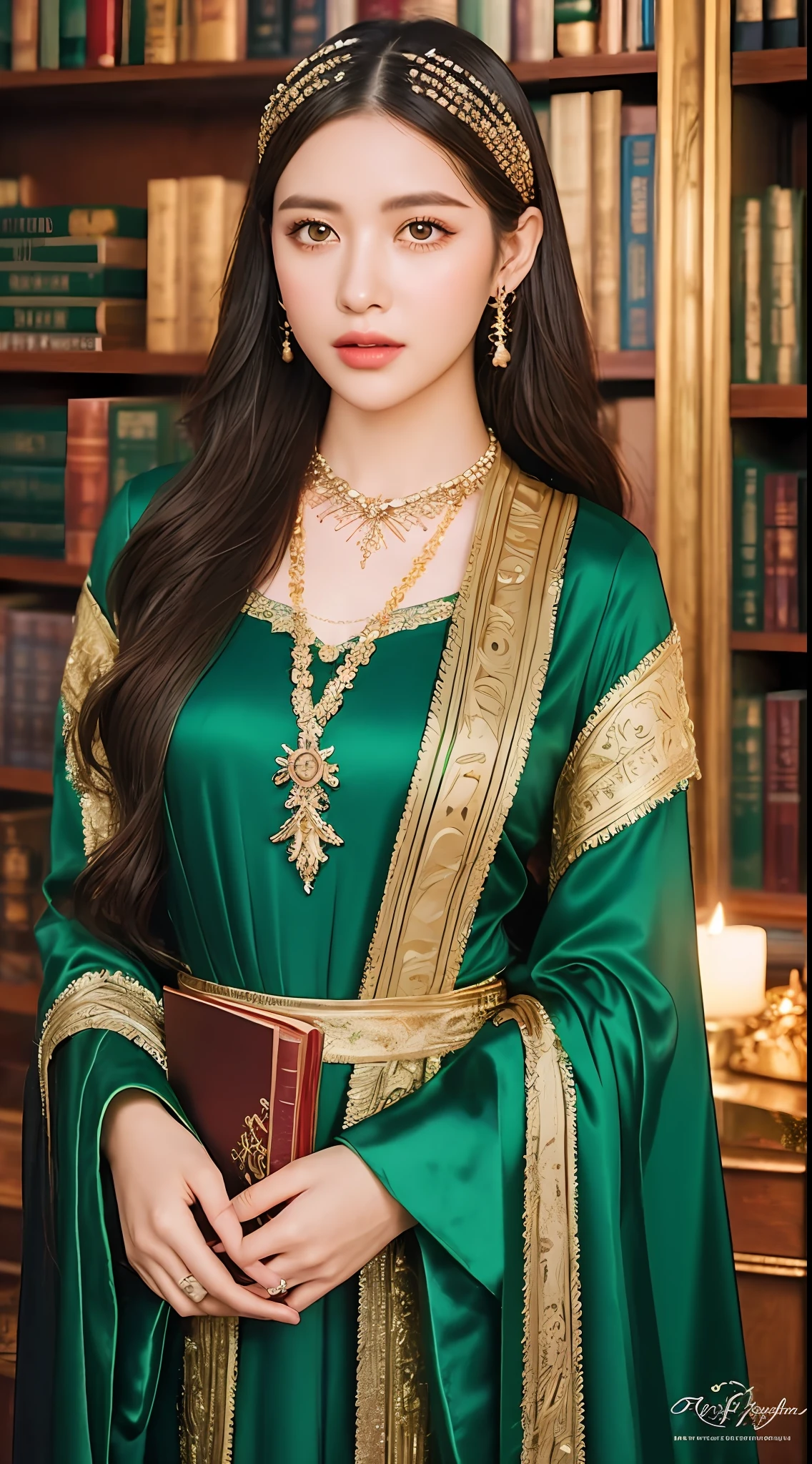 long flowing hair with loose curls, emerald green hair color, sparkling golden eyes, confident and charismatic pose, enchanted library background, holding a spellbook, decorative headband with a magical gem, medium shot angle, steady camera, beaded necklace with a mystical pendant, wrist cuffs with magical symbols, pleated skirt with intricate patterns, surrounded by towering bookshelves filled with ancient tomes, soft candlelight casting a warm glow on the surroundings