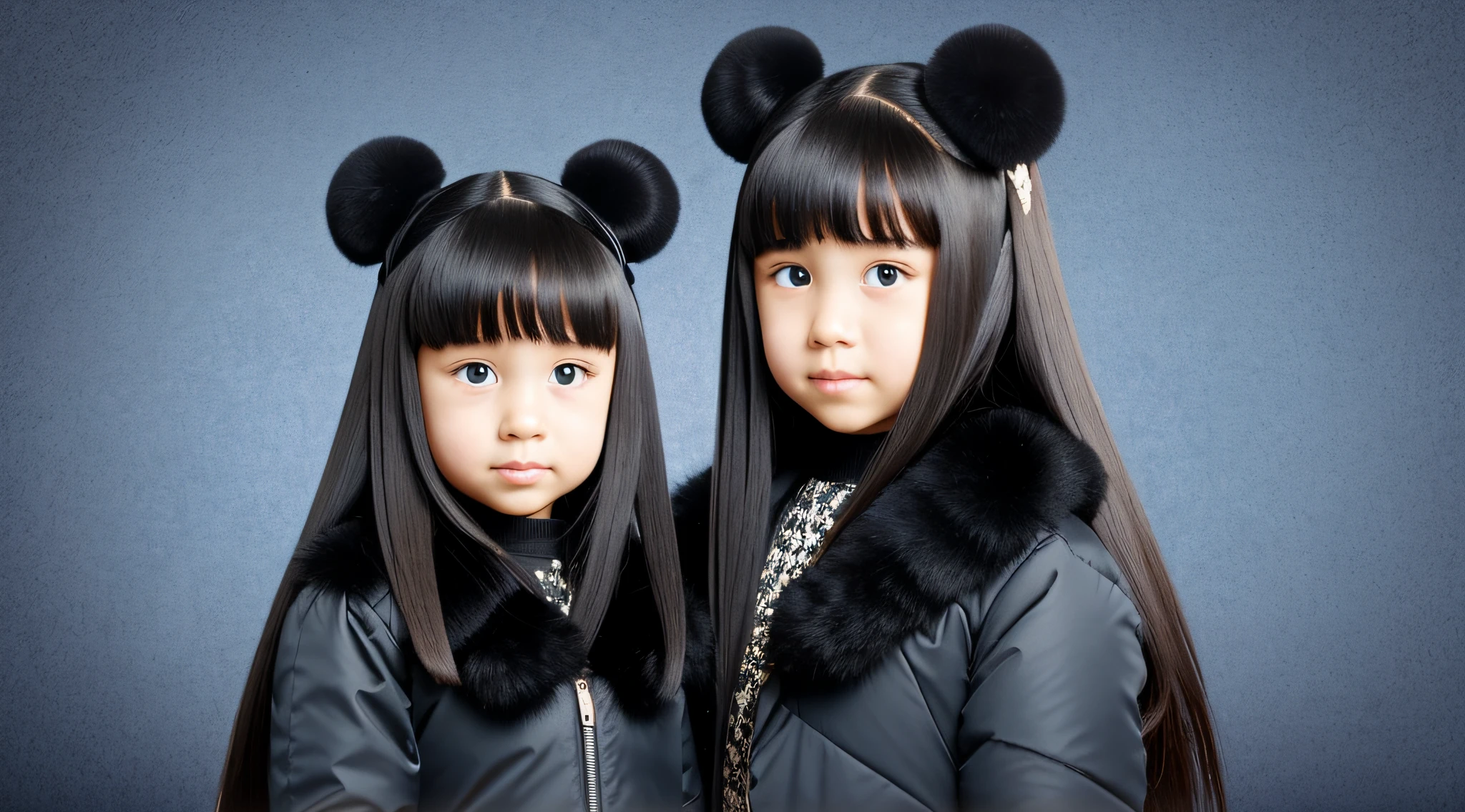 GIRLS CHILDREN, WITH VERY LONG STRAIGHT DARK HAIR, BLACK FUR COAT., PETROLEUM BLUE BACKGROUND.