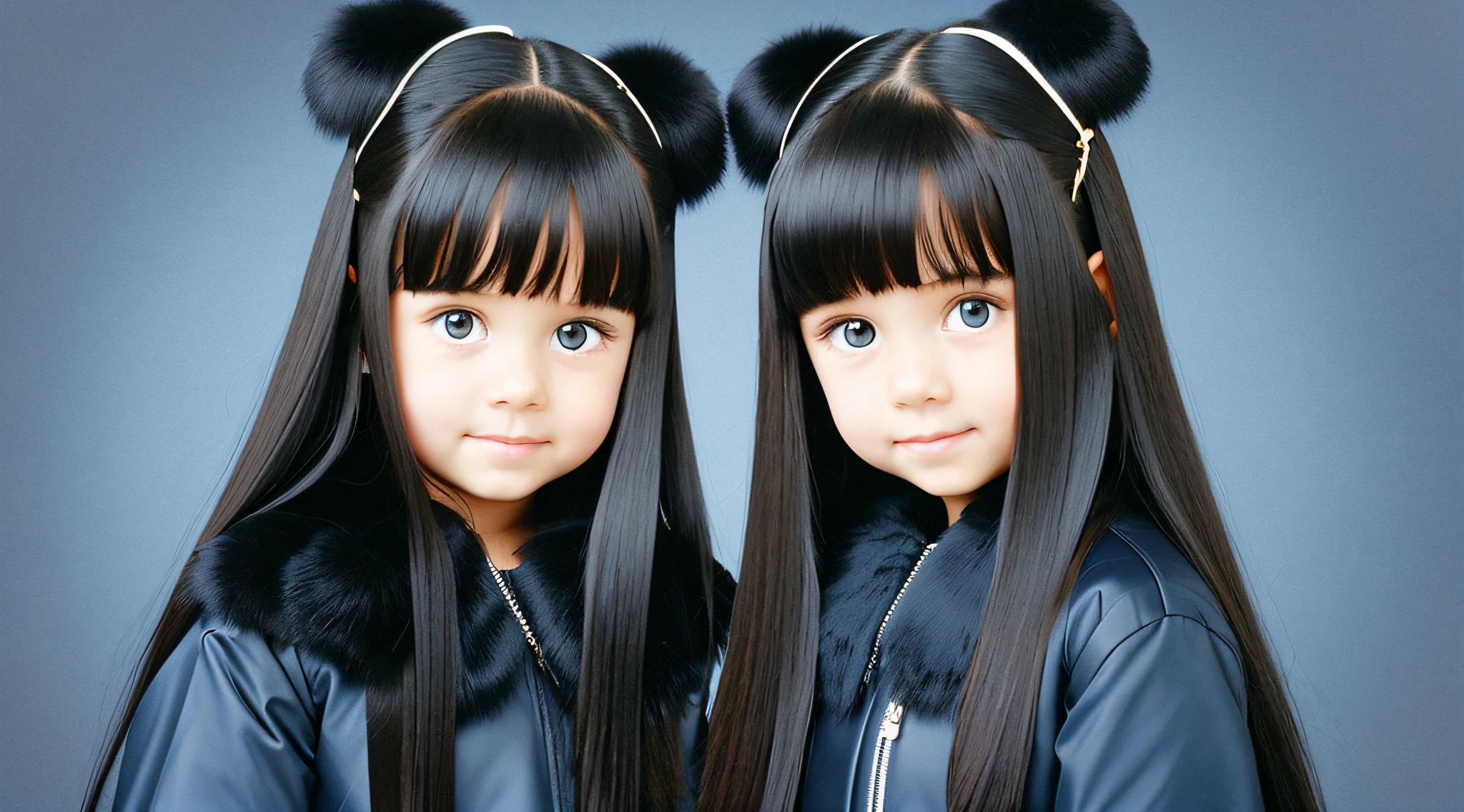 GIRLS CHILDREN, WITH VERY LONG STRAIGHT DARK HAIR, BLACK FUR COAT., PETROLEUM BLUE BACKGROUND.