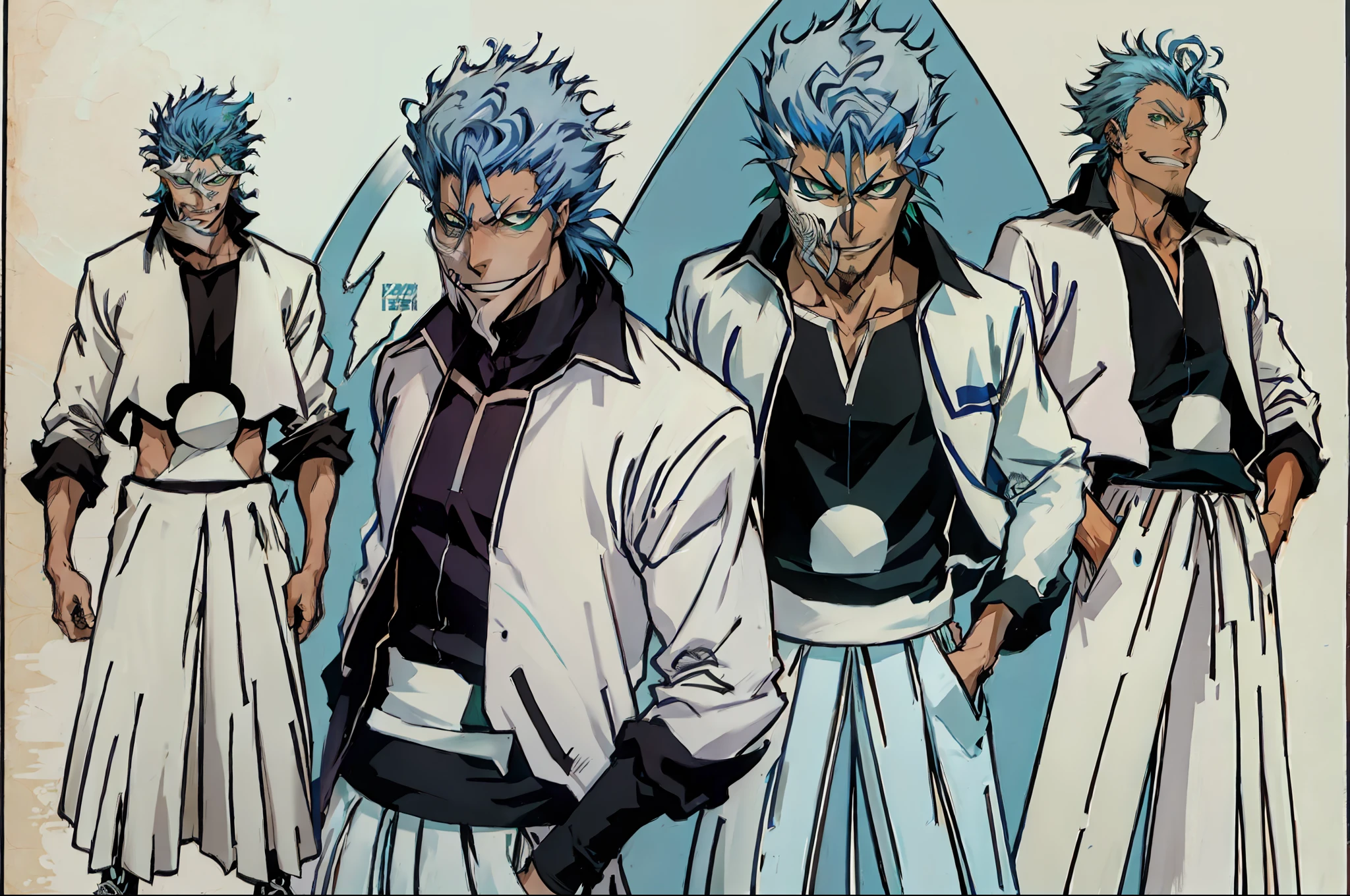 masterpiece, best quality, ((1man)),blue hair,green eyes, serious expression, smiling,line art,medium hair,white blazer,black t-shirt,expressionless eyes,((Tite Kubo style))full body, only 1