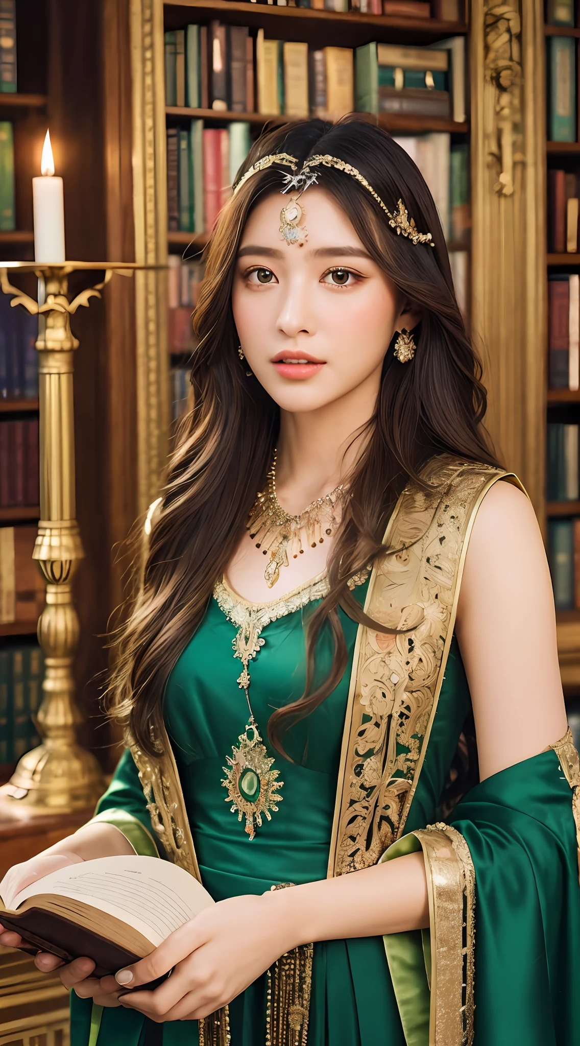 long flowing hair with loose curls, emerald green hair color, sparkling golden eyes, confident and charismatic pose, enchanted library background, holding a spellbook, decorative headband with a magical gem, medium shot angle, steady camera, beaded necklace with a mystical pendant, wrist cuffs with magical symbols, pleated skirt with intricate patterns, surrounded by towering bookshelves filled with ancient tomes, soft candlelight casting a warm glow on the surroundings