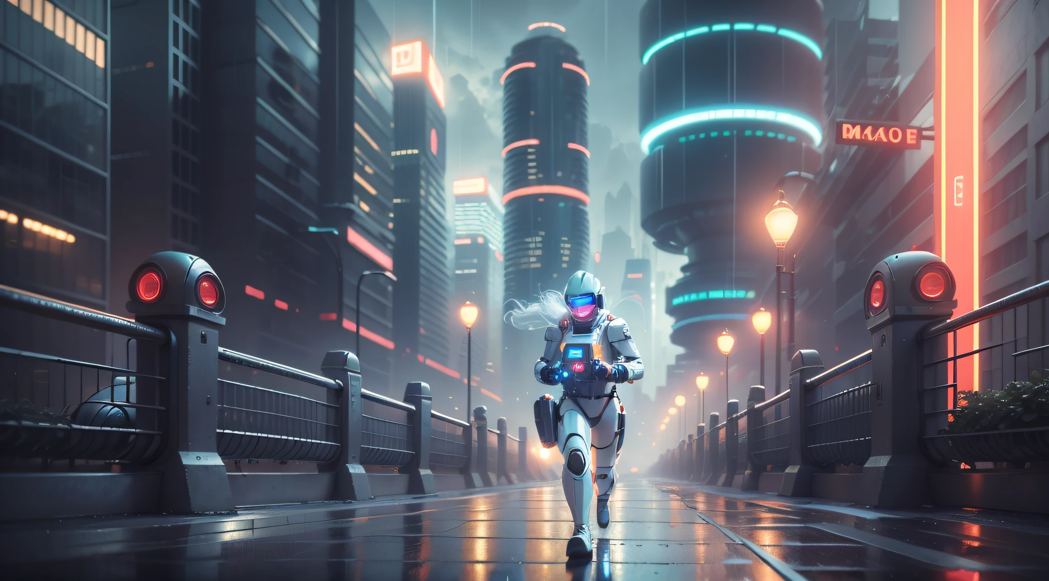 maximum quality, photorealism, 8k, film, high resolution, white woman, 8k, perfect face, bright eyes, 8k, running with a laser gun in hand and space suit with neon lights, 8k, next to a giant red, silver and gold robot, maximum quality, 8k, background of a futuristic city, winding buildings, metal, glass, concrete, dramatic light, fog,  rain, water, low view, general plan, medium depth of field, lomography, neon, maximum quality, gorgeous, masterpiece, photorealism, 8k, realistic high resolution texture, film grain, film, cinematic