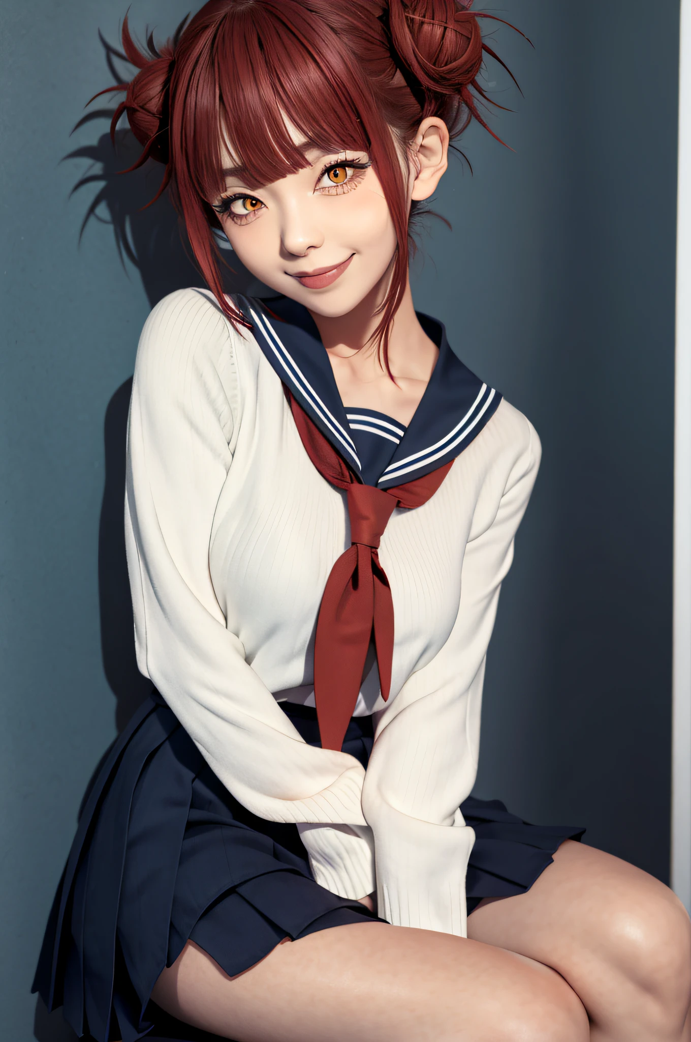 Toga Himiko, Boku no Hero Academia, 1girl, bangs, red hair, blunt bangs, blunt bangs, blunt, breasts, collarbone, double bun, bedroom background, hair bun, half closed eyes, medium breasts, miniskirt, pleated skirt, short hair, skirt, smile, solo, yellow eyes, blue sailor collar, sailor collar, school uniform, serafuku, (round lenses), ((masterpiece))