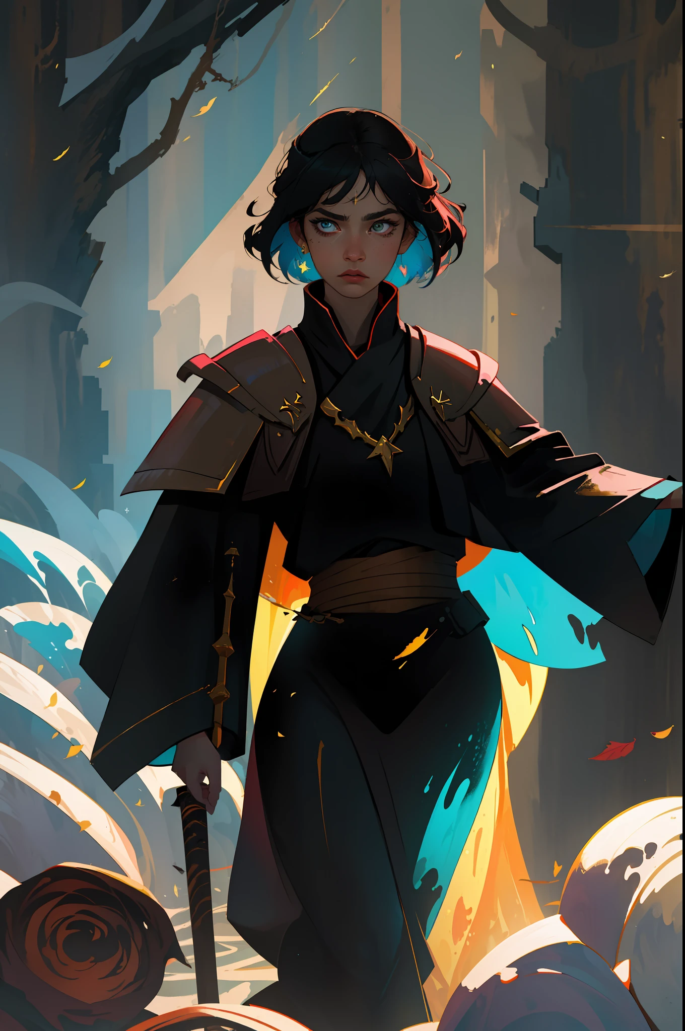 (masterpiece, best quality:1.2), absurdres, 8k, frenzied action painting, mute color palette, in the style of thick coating,
Vibrant Ink, Luministic Oil Painting, iridescent wash, dramatic and expressive angle, detailed background, illustration,
1girl in black robe with golden stitching, full body, timeless, dead tree and fallen leaves,
rule of thirds, cinematic lighting, saturated contrast, rough edges, emotional gestural strokes,