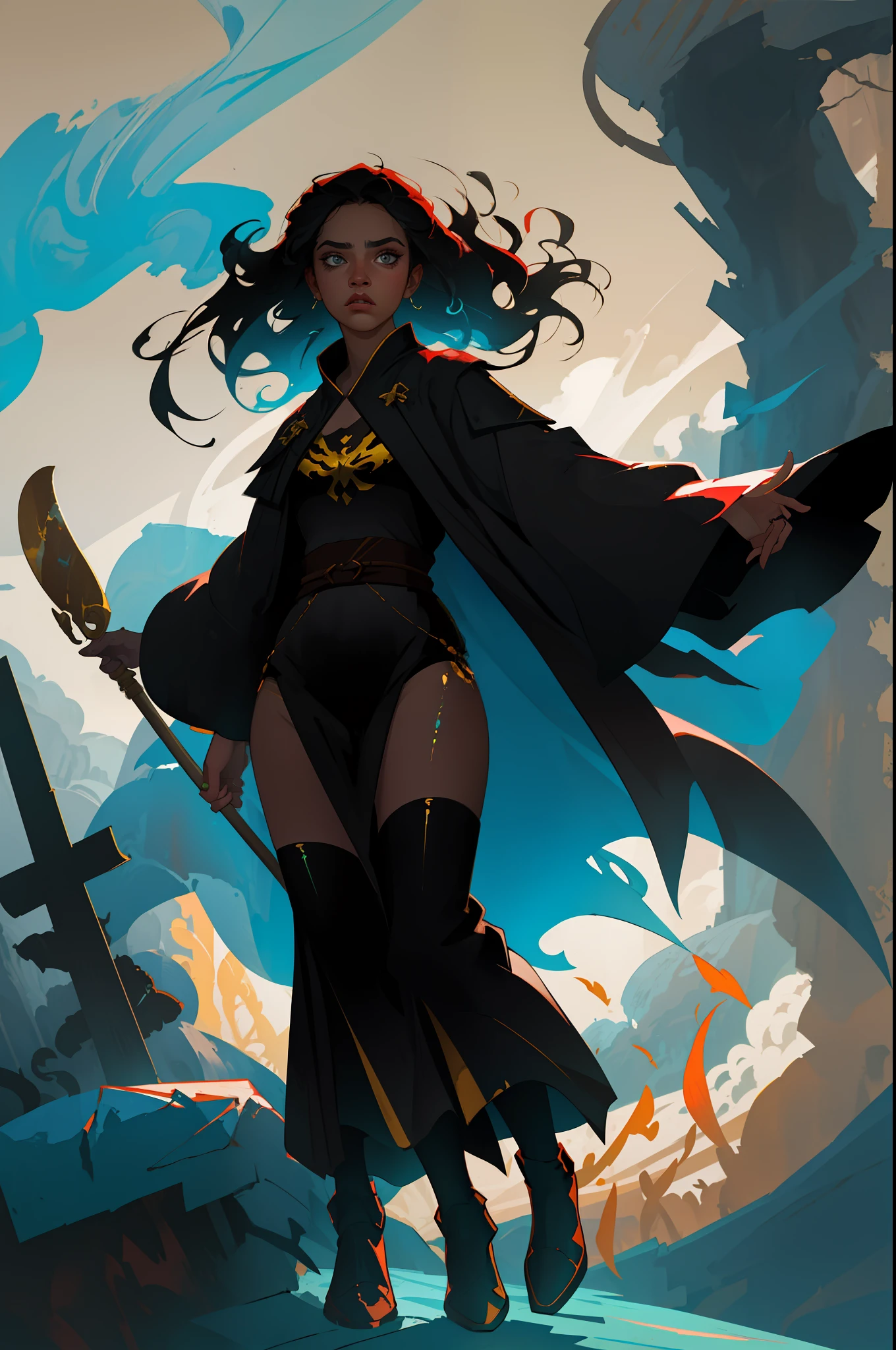 (masterpiece, best quality:1.2), absurdres, 8k, frenzied action painting, mute color palette, in the style of thick coating,
Vibrant Ink, Luministic Oil Painting, iridescent wash, dramatic and expressive angle, detailed background, illustration,
1girl in black robe with golden stitching, full body, timeless, dead tree and fallen leaves,
rule of thirds, cinematic lighting, saturated contrast, rough edges, emotional gestural strokes,