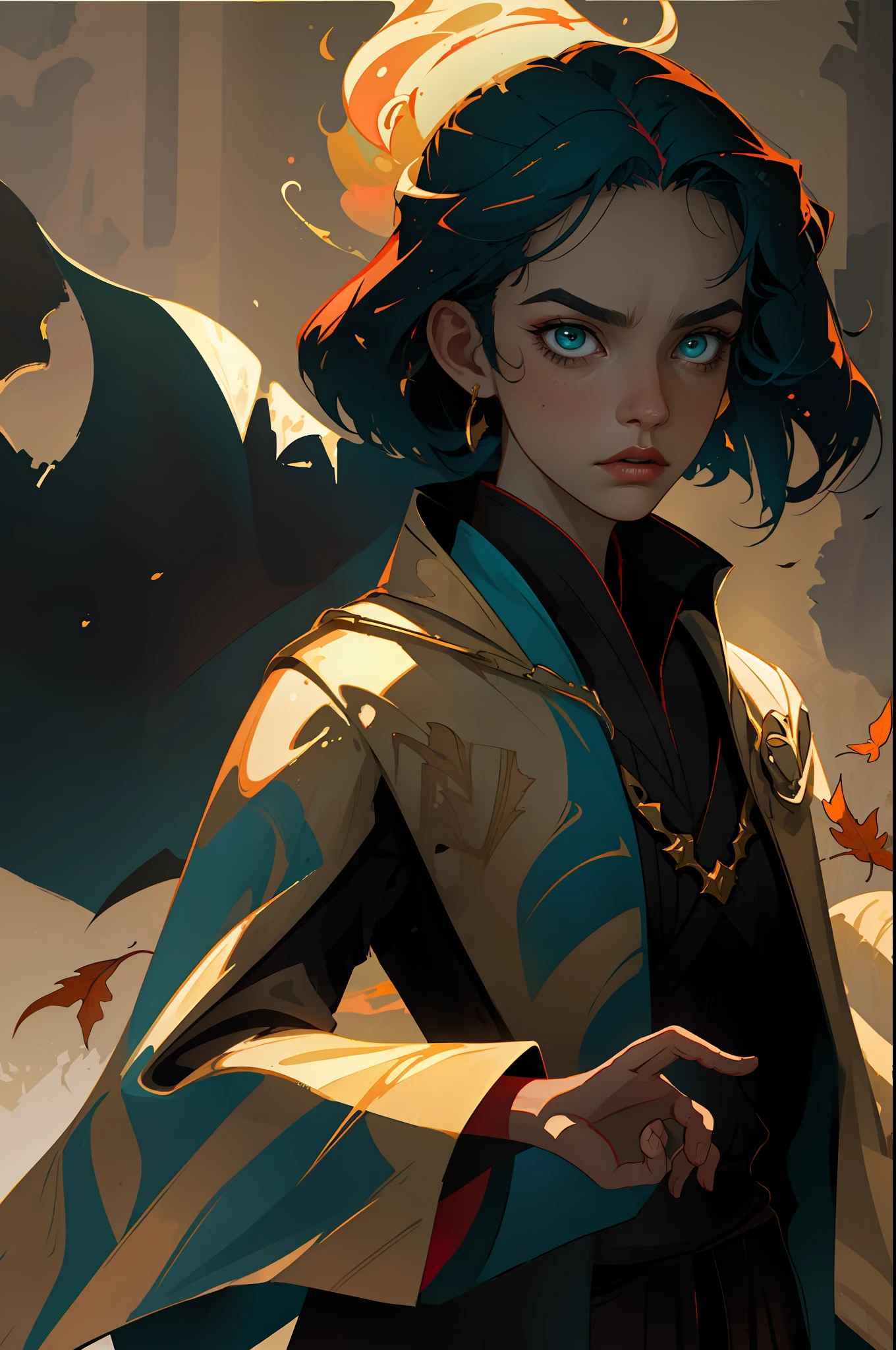 (masterpiece, best quality:1.2), absurdres, 8k, frenzied action painting, mute color palette, in the style of thick coating,
Vibrant Ink, Luministic Oil Painting, iridescent wash, dramatic and expressive angle, detailed background, illustration,
1girl in black robe with golden stitching, full body, timeless, dead tree and fallen leaves,
rule of thirds, cinematic lighting, saturated contrast, rough edges, emotional gestural strokes,