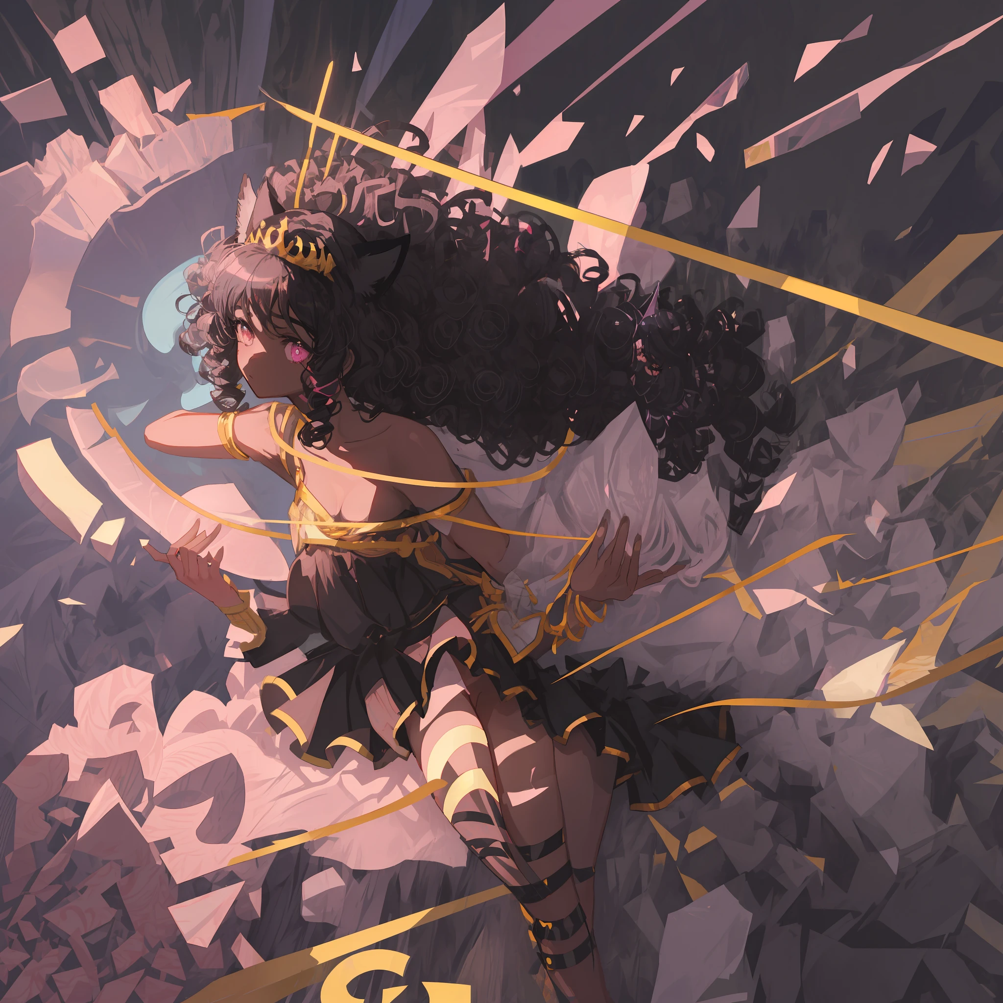 Black-skinned girl with curly hair
Tiara with cat ears
Soft body with broad shoulders
Round nose
Pink mouth
Transparent shadow
Big breasts and wide hips holding a guitar 
In Cartoon style