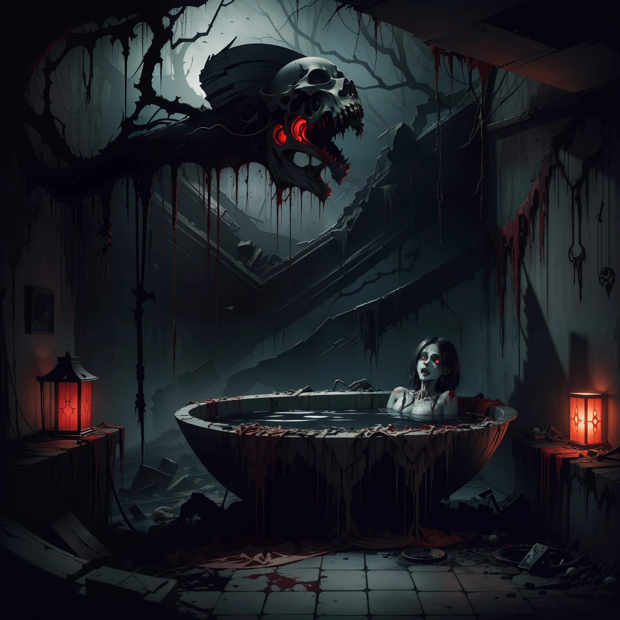 portrait of the most beautiful form of chaos, elegant, a brutalist designed, vivid colours, romanticism, by apterus, (apterus creepy anatomy:1.3), ((ahegao)), rolling_eyes, ((head down)), an evil girl bathing in a pool of blood, sharp teeth, maniacal laughter, ((decay and spooky)), atmospheric, trending on artstation. 8 k masterpiece, ((symmetry)), death, decay, vengeful japanese ghost, spooky dark village