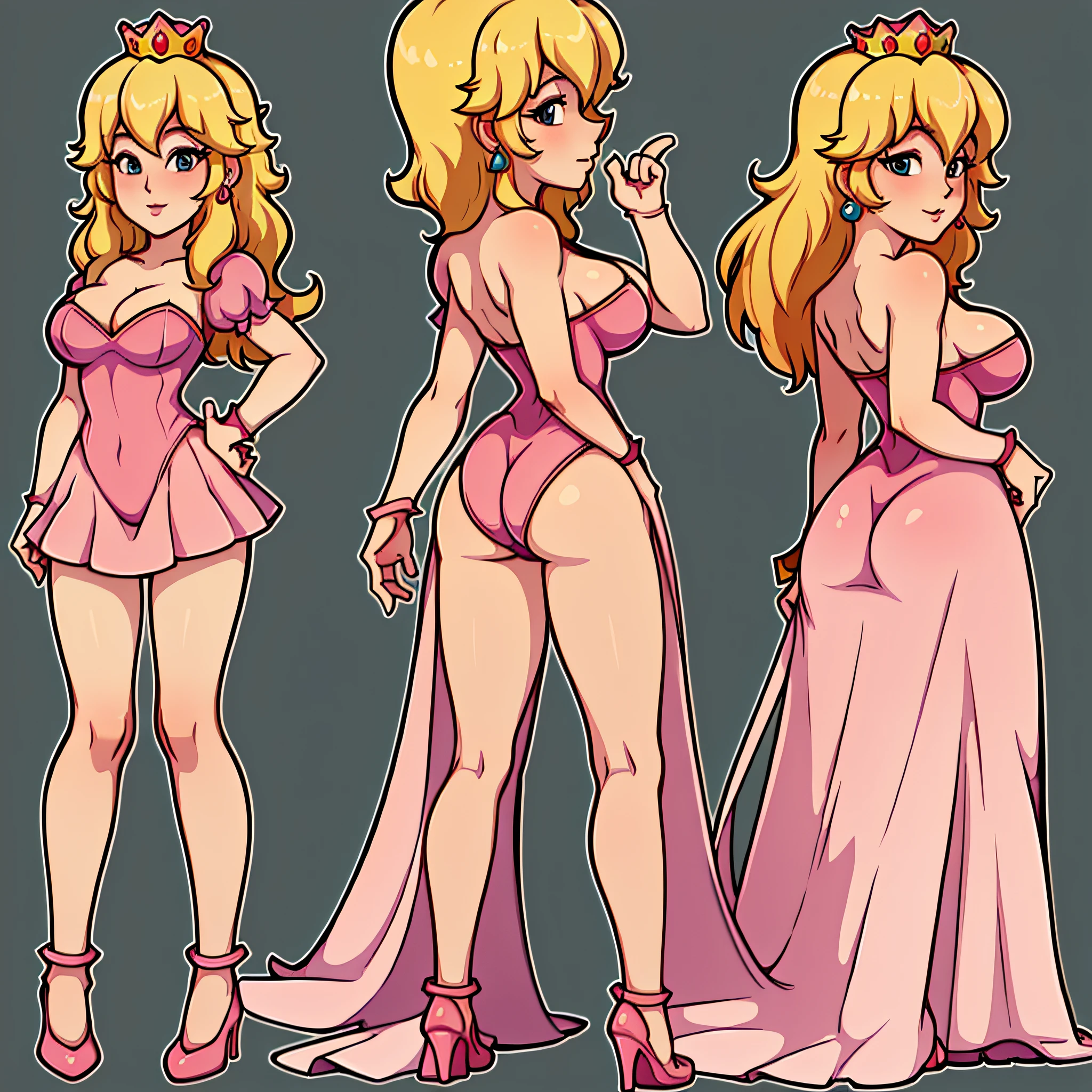 (best quality, masterpiece),
(princess peach), simple background, full body, Sexy pink dress, model pose, shoes, Cleavage, face view, ass view (solid outline:1.2),
