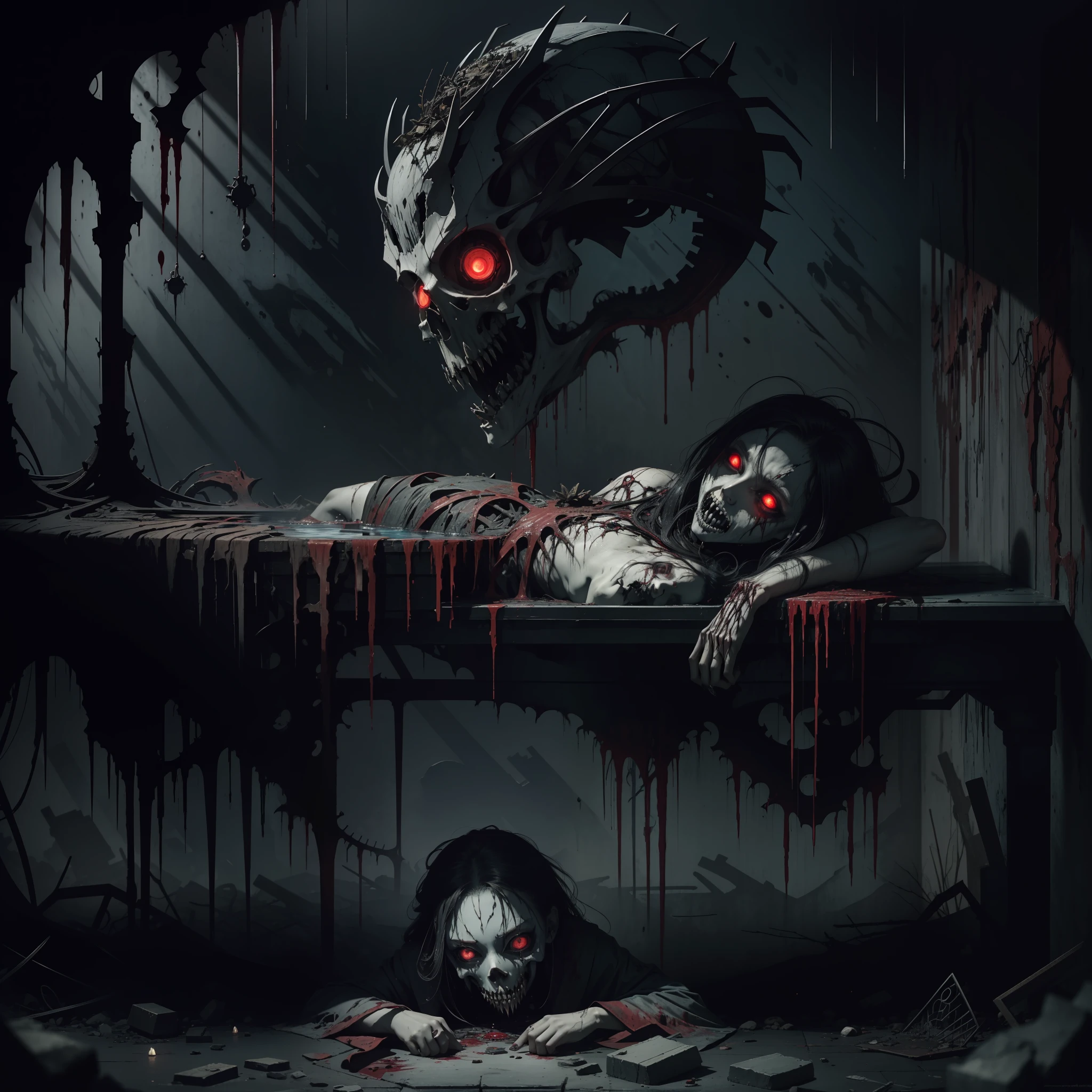 portrait of the most beautiful form of chaos, elegant, a brutalist designed, vivid colours, romanticism, by apterus, (apterus creepy anatomy:1.3), ((ahegao)), rolling_eyes, ((head down)), an evil girl bathing in a pool of blood, sharp teeth, maniacal laughter, ((decay and spooky)), atmospheric, trending on artstation. 8 k masterpiece, ((symmetry)), death, decay, vengeful japanese ghost, spooky dark village