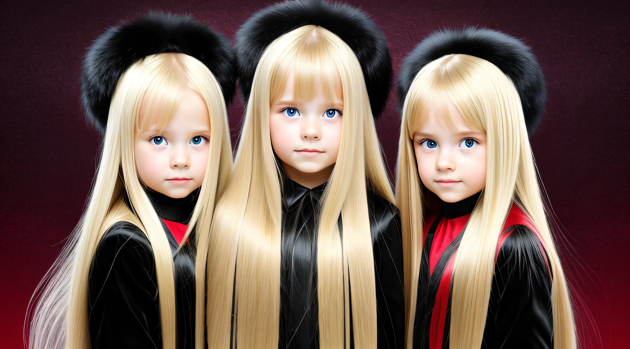 CHILDREN GIRLS, BLONDES WITH VERY LONG STRAIGHT HAIR, BLACK FUR COAT, RED BACKGROUND.