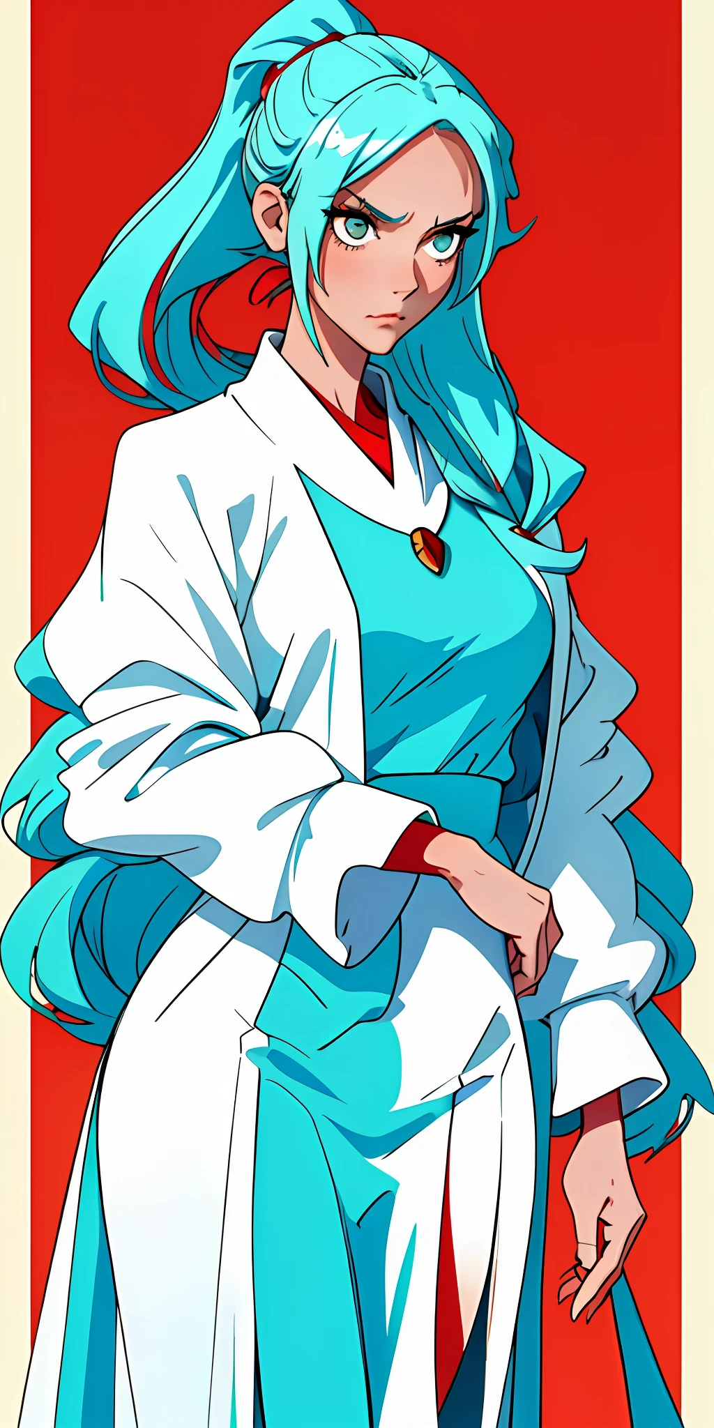 (Masterpiece, best quality, highly detailed) minimalist style, a mature royal sister, wearing a white sweater and red shawl, low ponytail, tall and slender, turquoise straight hair sexy and lazy, disdainful expression.