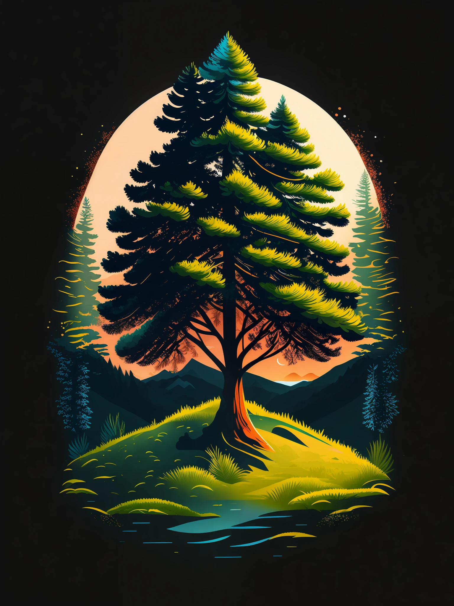 A spruce tree in a spring landscape, T-shirt design, rzminjourney, vector art, with black background