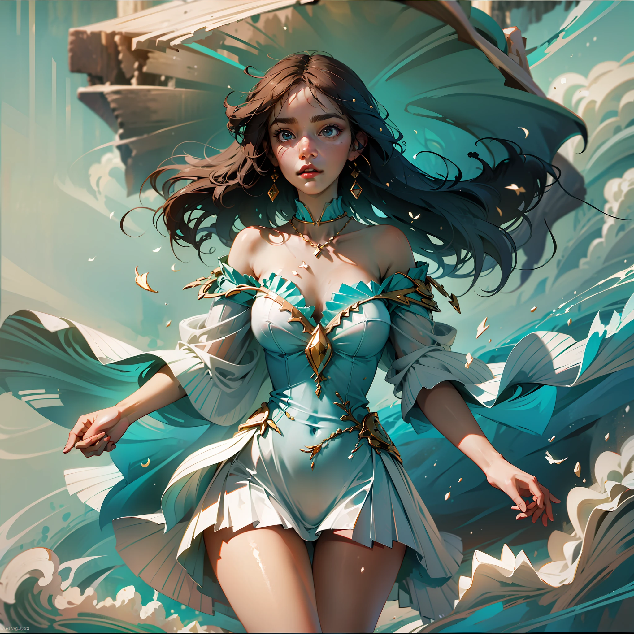 extremely detailed painting of a woman walking along the sea, very detailed sea, beautifully detailed coral reefs, visible brush strokes of oil paint, luminous, vibrant, impressionistic, masterful, sun-drenched, captivating, evocative, fluid, painterly, intimate, meticulous, light-infused, timeless, mysterious, masterful, atmospheric, refined, captivating, depth of Field, perfect proportion, rule of thirds, (highly detailed:1.3), ((Best quality)),