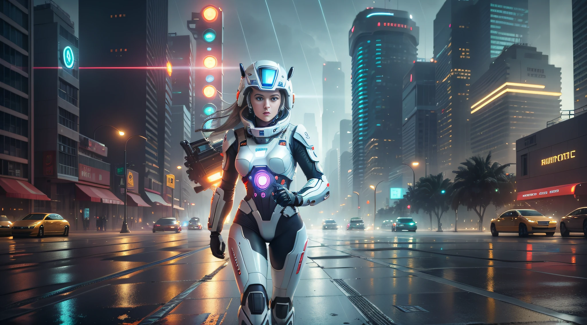 maximum quality, photorealism, 8k, film, high resolution, white woman, 8k, perfect face, bright eyes, 8k, running with a laser gun in hand and space suit with neon lights, 8k, next to a giant red, silver and gold robot, maximum quality, 8k, background of a futuristic city, winding buildings, metal, glass, concrete, dramatic light, fog, rain, water, low view, general plan, medium depth of field, lomography, neon, maximum quality, gorgeous, masterpiece, photorealism, 8k, realistic high resolution texture, film grain, film, cinematic