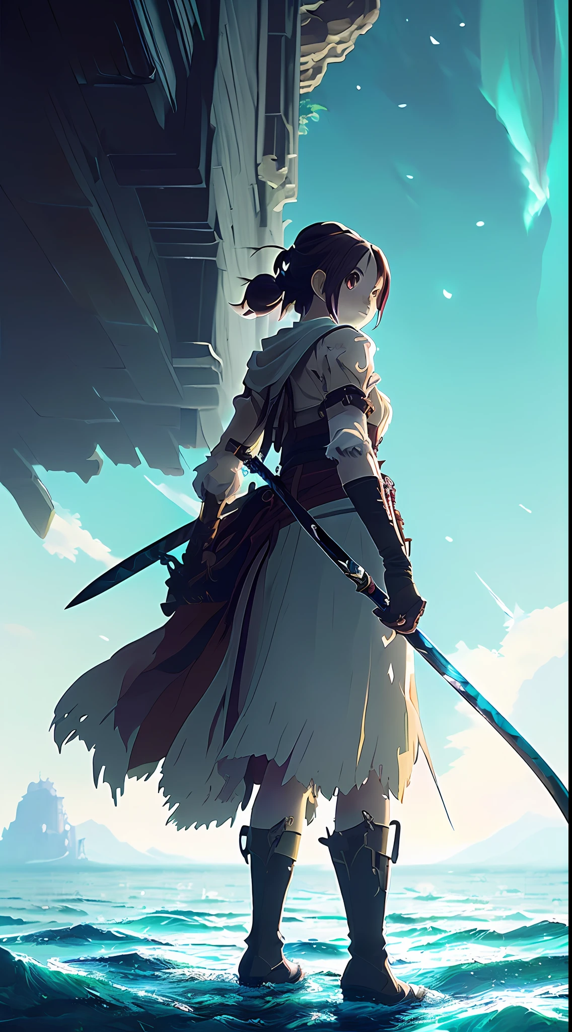 ((masterpiece, best quality)), (extremely detailed CG unity 8k wallpaper, masterpiece, best quality, ultra-detailed, best shadow), (detailed background), (beautiful detailed face, beautiful detailed eyes), High contrast, (best illumination, an extremely delicate and beautiful), (anime girl:1.2), ((anime girl with a katana walking on water, ripples, backdrop of dawn, backshot, saturn in the background, low angled illustration from demon slayer, concept art, anime, key visual, trending pixiv fanbox by wlop and greg rutkowski and makoto shinkai and studio ghibli )), ((caustic)), dynamic angle, beautiful detailed glow,